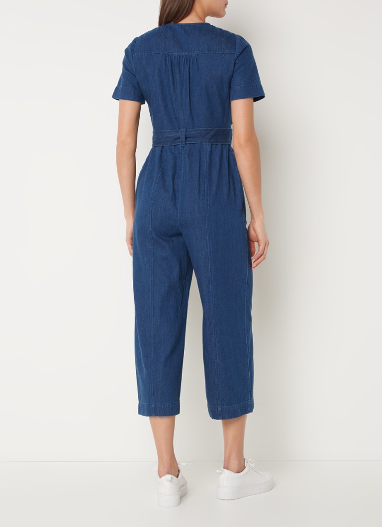 Whistles  Straight fit cropped jumpsuit van denim met strikceintuur