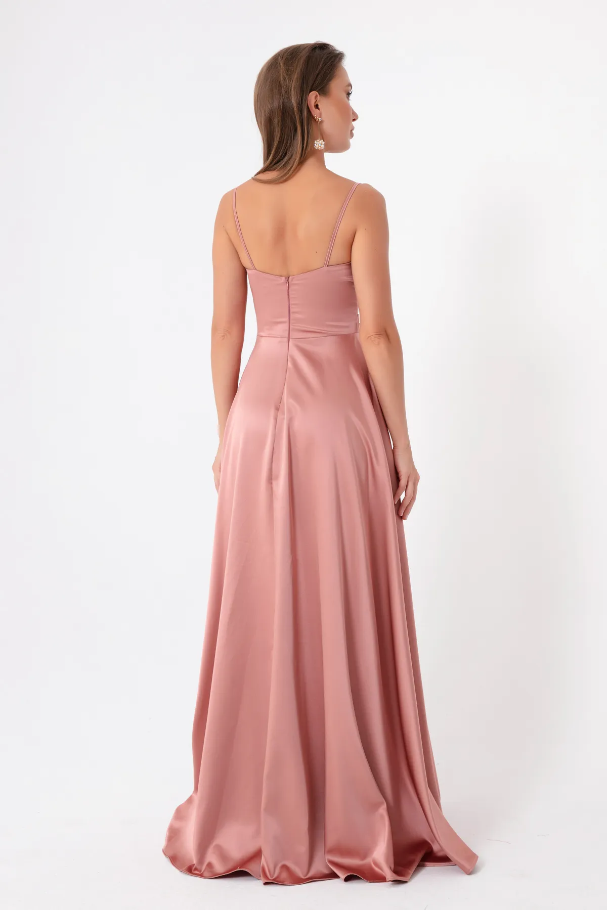 Lafaba  Langes Abendkleid und Abschlusskleid aus Satin für Damen in Lachsfarben mit Riemen an der Taille und Gürtel