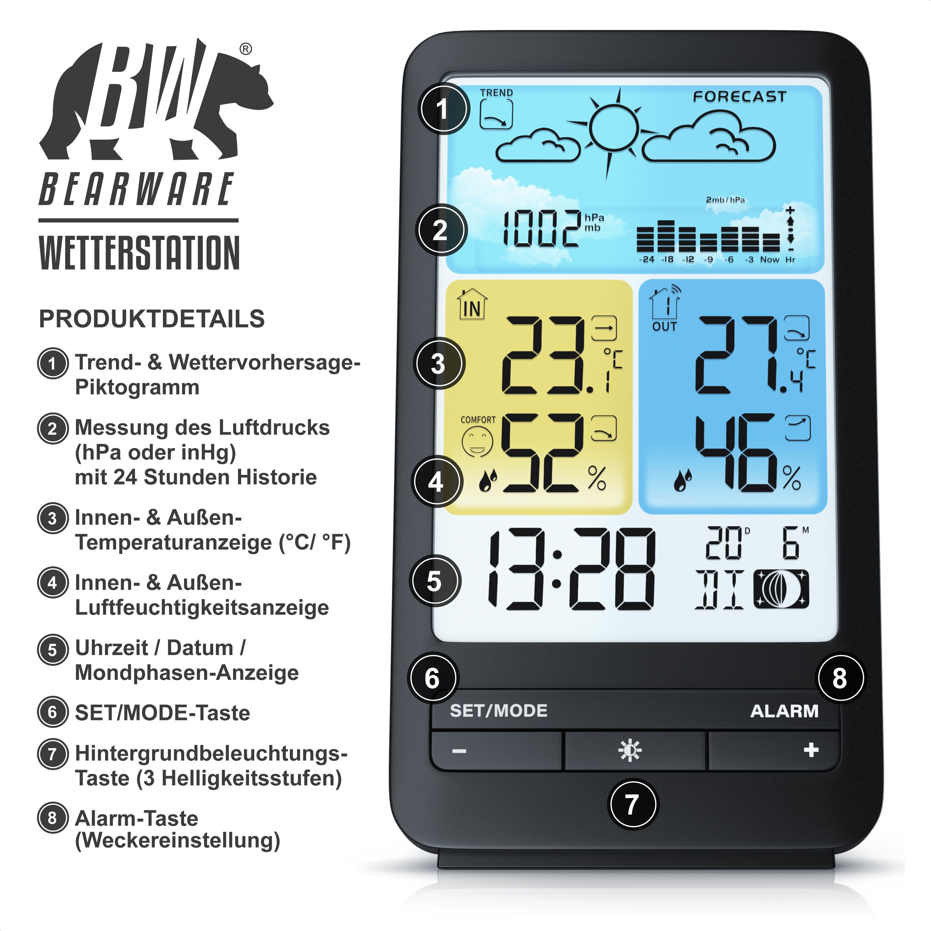 BEARWARE Wetterstation (mit Außensensor, Funk, Prognose, Temperaturtrend, Luftdruck, Temperaturwarnung usw)