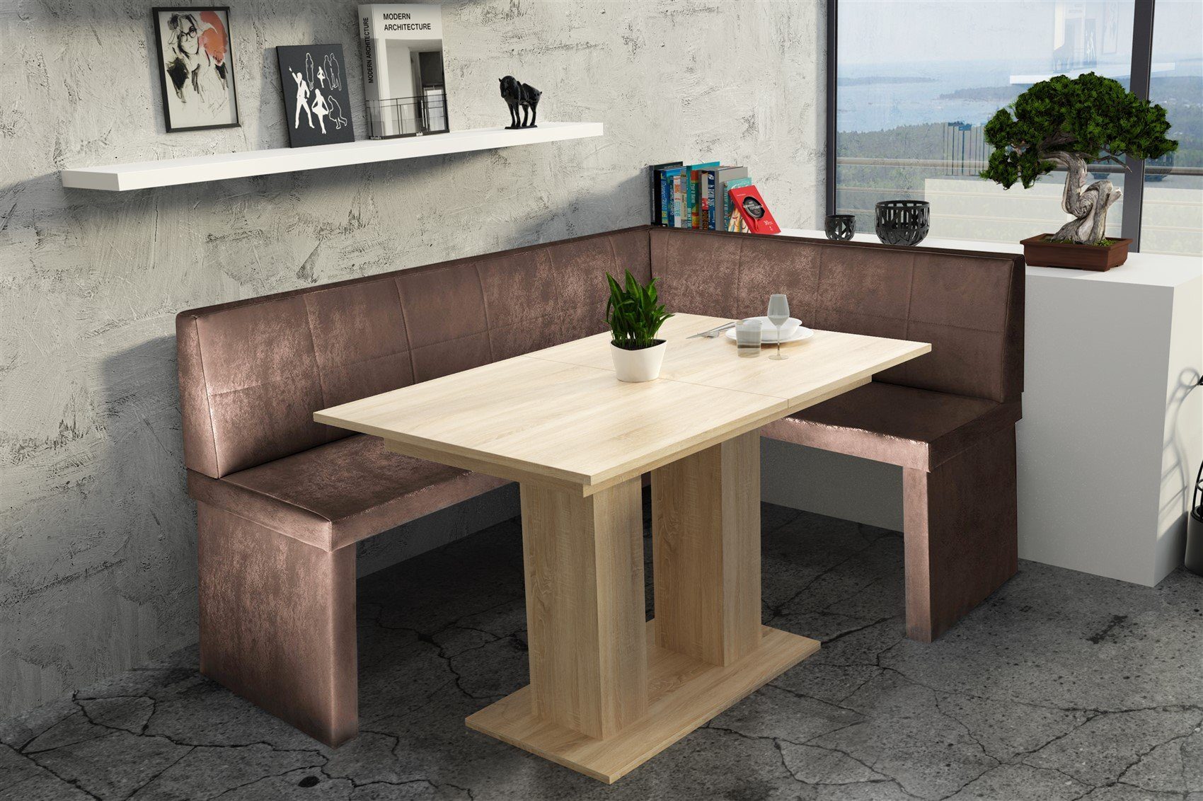 Fun Möbel Eckbankgruppe Eckbankgruppe Robin XL Kunstleder 196x142cm mit Tisch in Sonoma Eiche, ausziehbarer Tisch