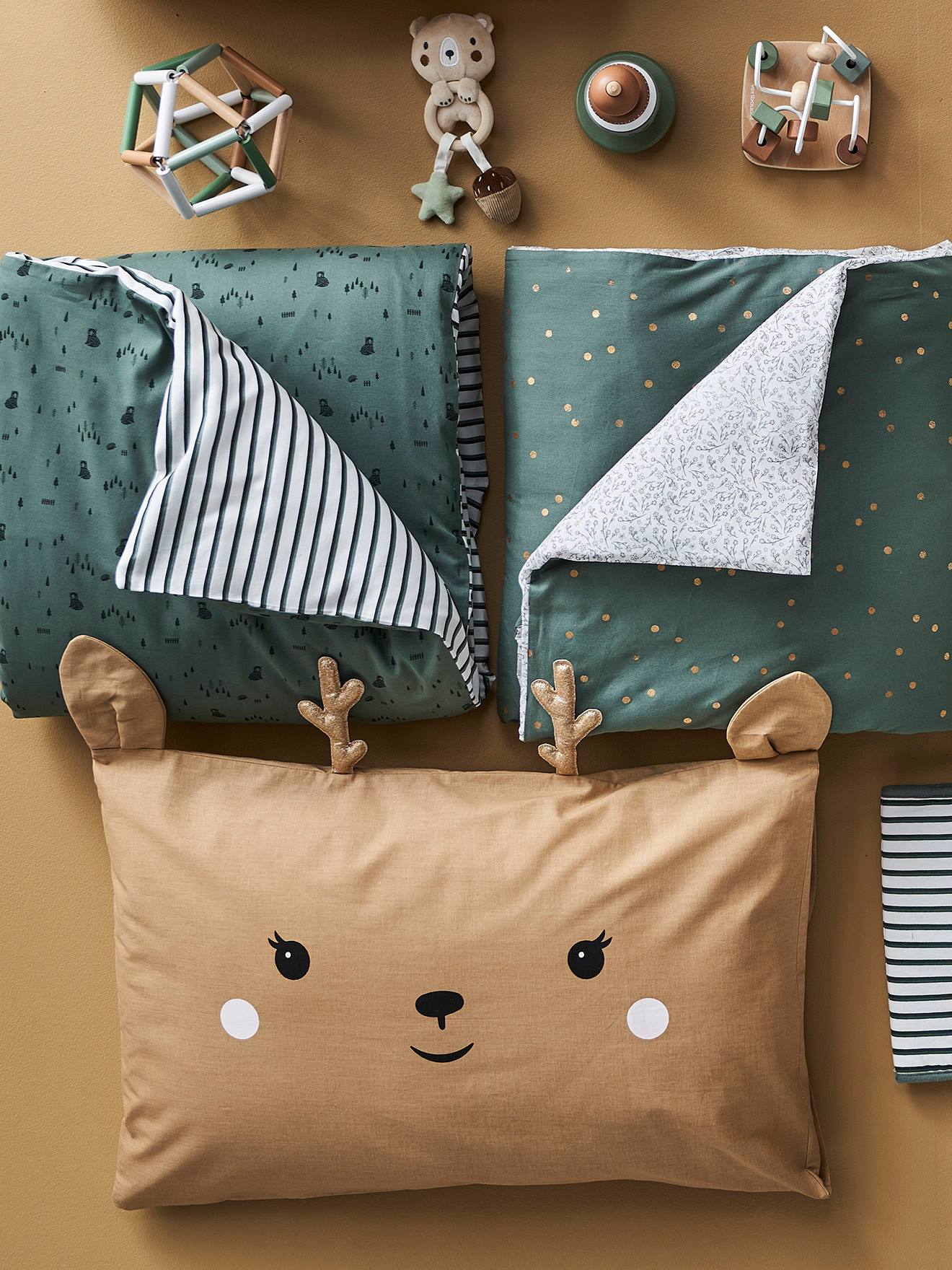 Vertbaudet Baby Kissenbezug GRÜNER WALD, Reh Oeko-Tex - beige