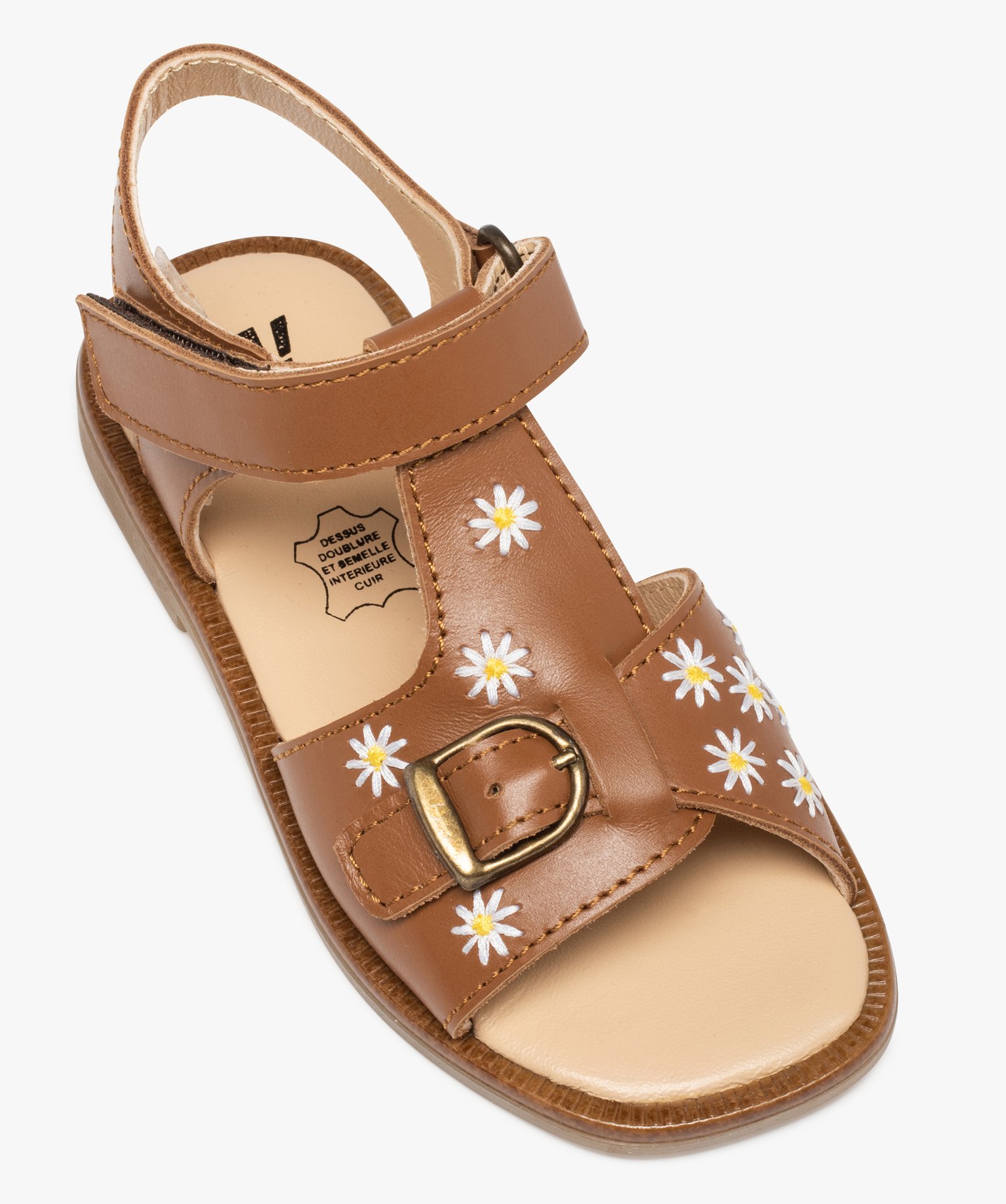 Sandales fille dessus cuir uni brodé fleurs – NA! camel | GEMO