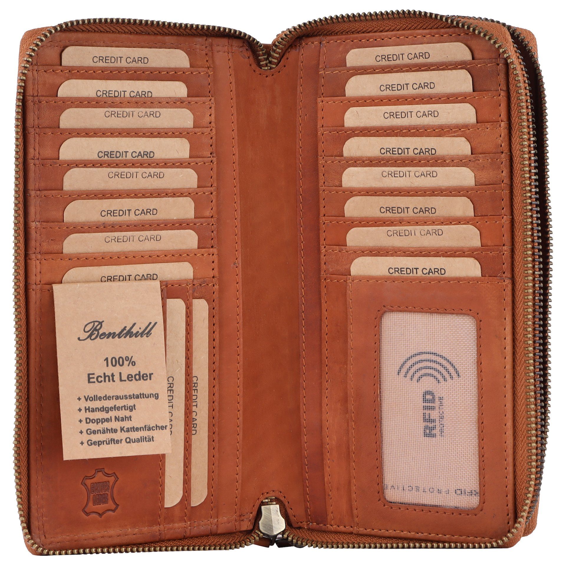 Benthill Geldbörse Damen Groß Echt Leder RFID Portemonnaie XXL mit vielen Kartenfächer, RFID-Schutz Kartenfächer Münzfach Reißverschlussfach