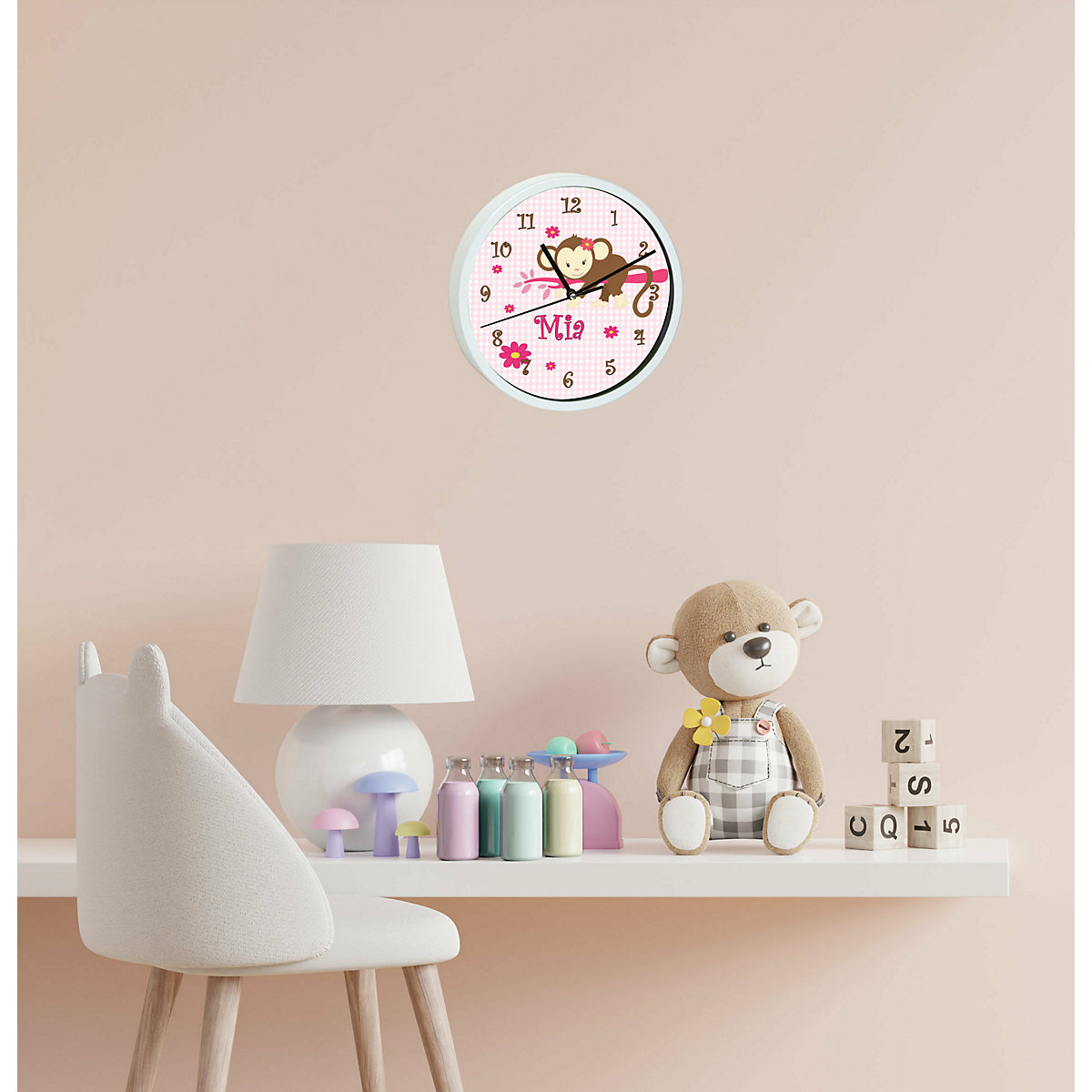 Kinder Wanduhr personalisiert mit Name Affe hängend Rosa