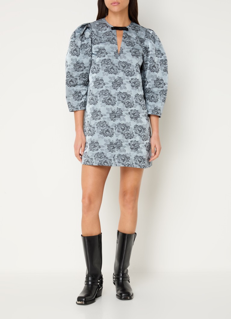 Rochie mini tunică Ganni Jacquard cu mâneci bufante