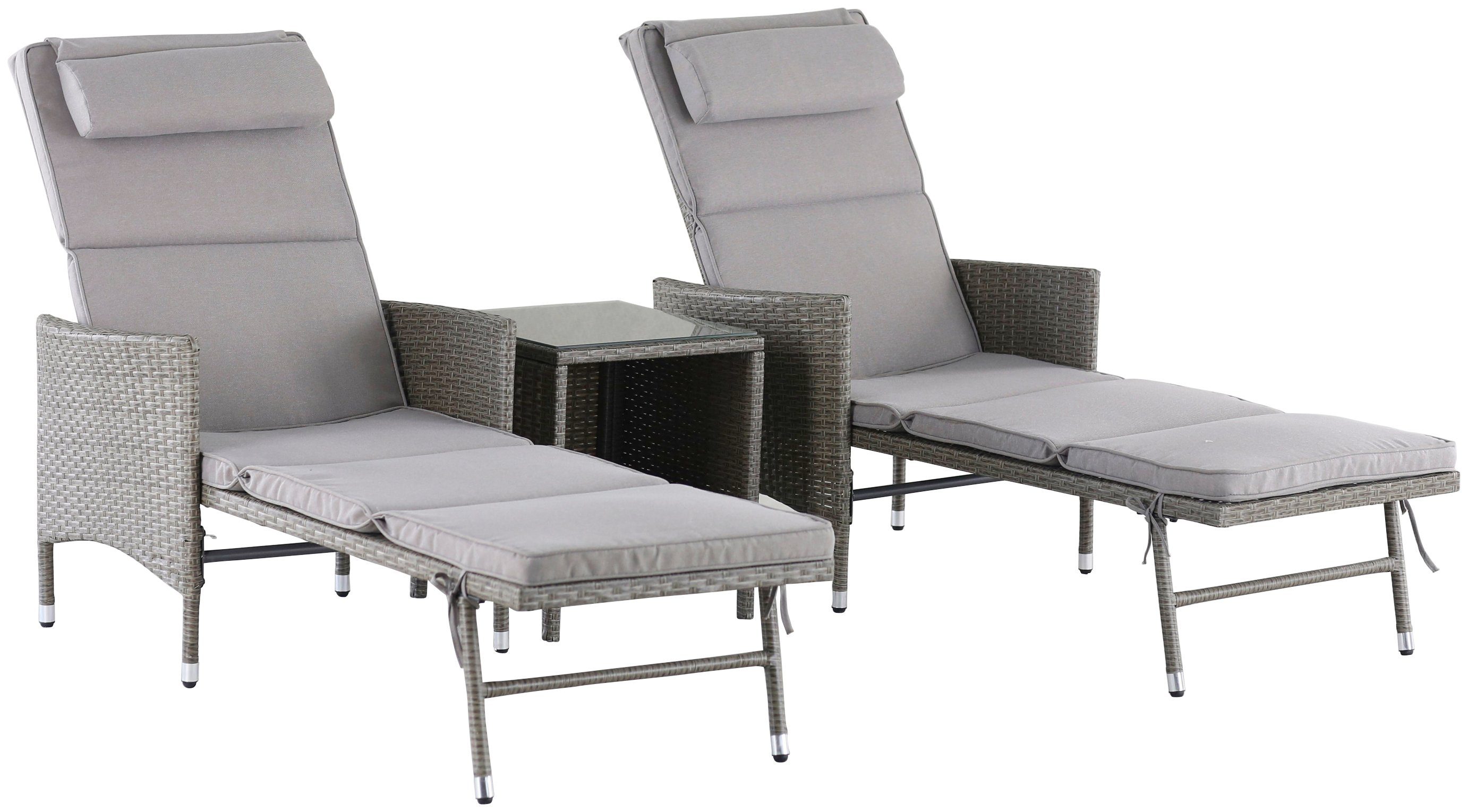 KONIFERA Gartenliege Mailand, Set, 5 St., 2x Liege, 1x Tisch 42x42x48, Stahl /Polyrattan, inkl. Auflagen