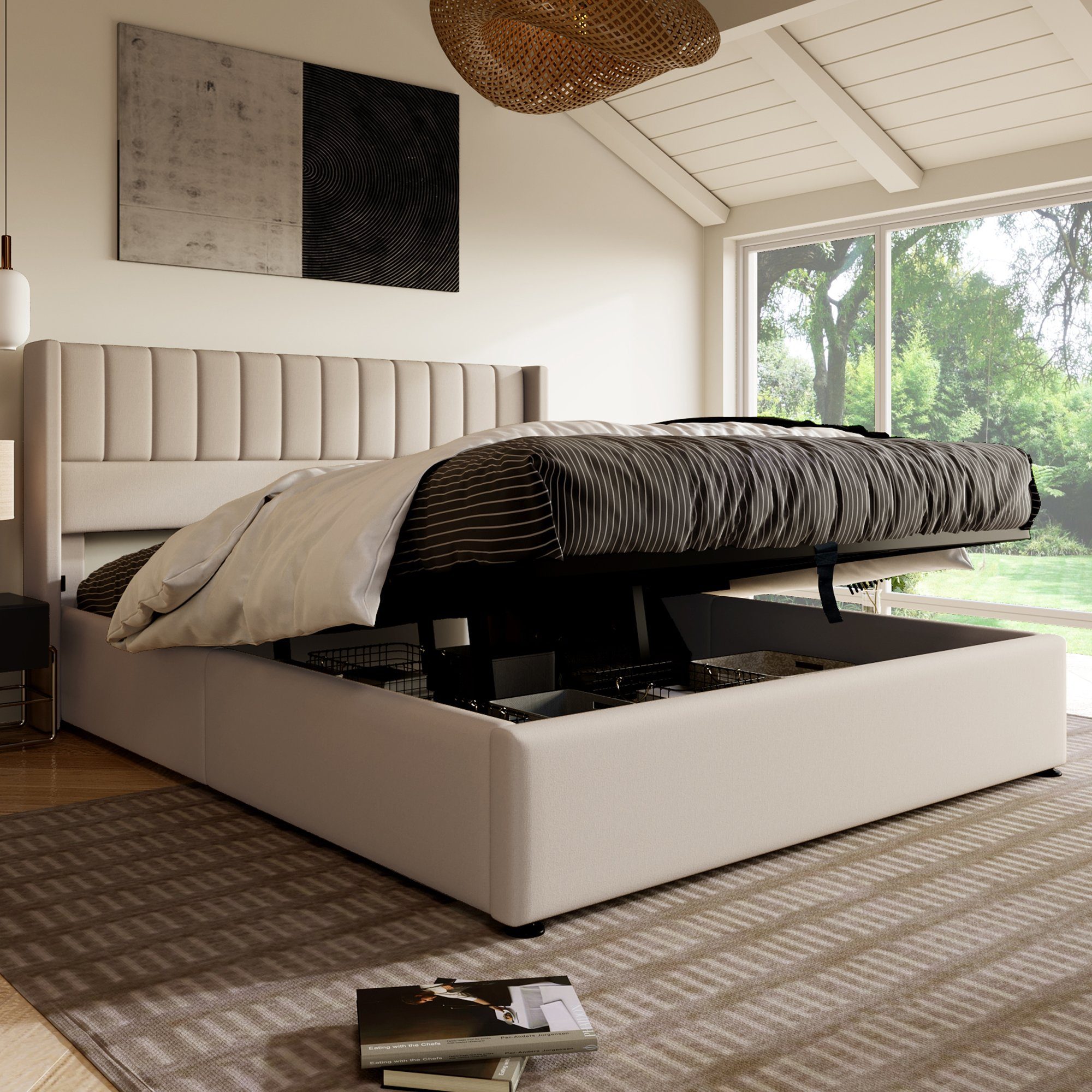 REDOM Polsterbett Stauraumbett Doppelbett (140x200cm Grau Leinen ohne Matratze), Bett mit Lattenrost aus Metallrahmen, Lattenrost aus Holz
