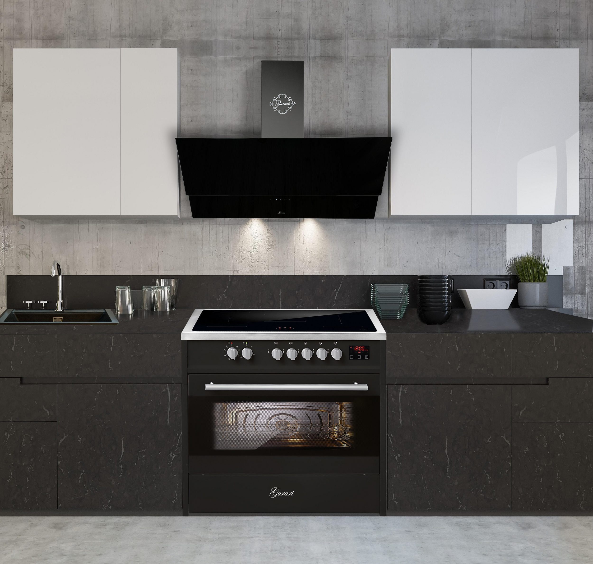 GURARI Induktions-Standherd E 913 BL+GCH 268 BL 9 Prime, Range Cooker 90 cm/ 121L+Dunstabzugshaube 90cm