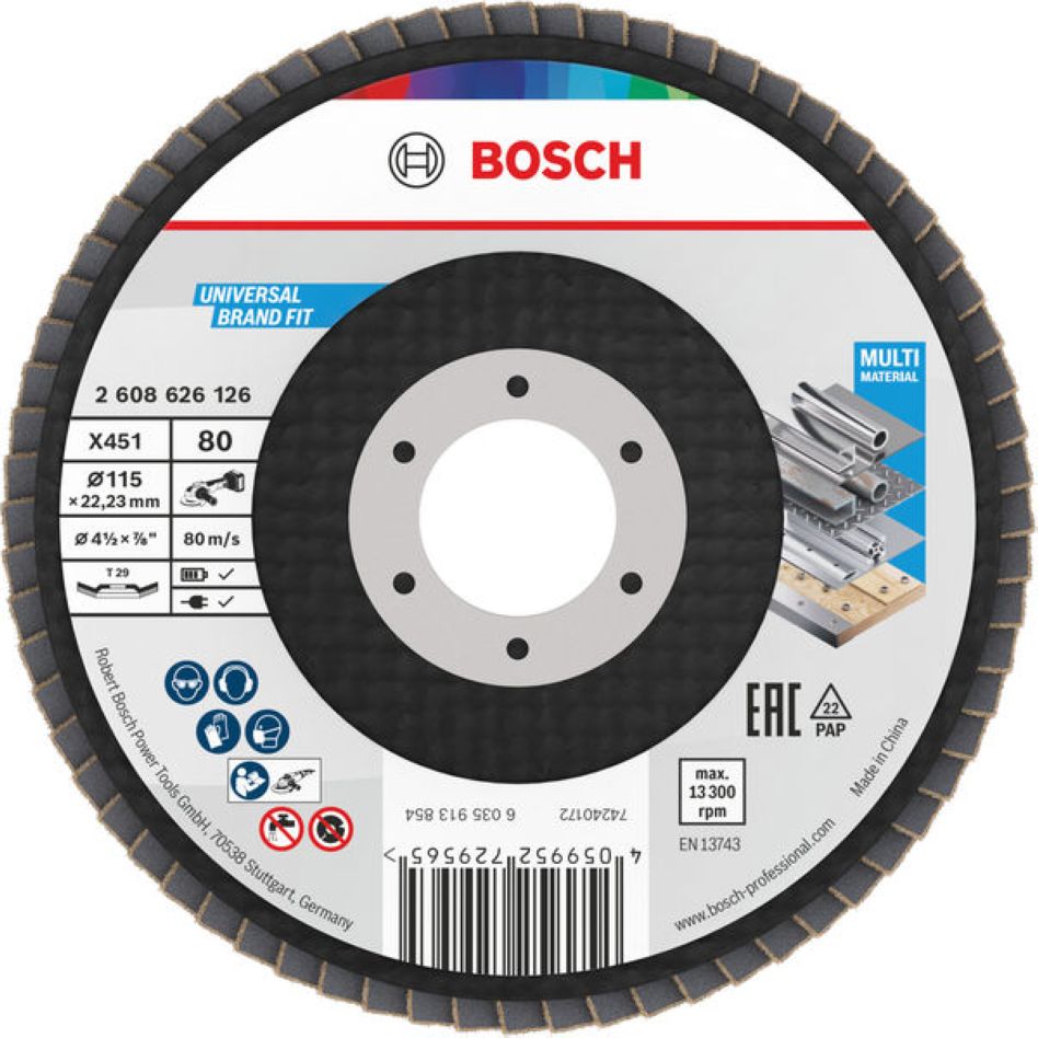 Bosch Blue Zubehör 2608626126 Lamellenschleifscheibe X451 Multi Material Ø115 mm Körnung 80 rechtwinklige Ausführung