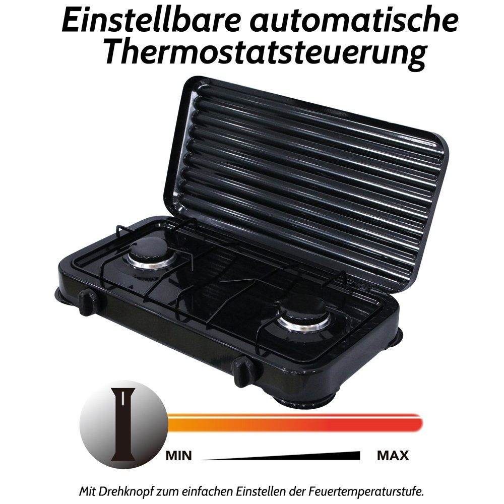 Mucola Gaskocher Campingkocher 2 flammig Gaskocher Camping Kochfeld Metall Gasbrenner, (1-St), Flamme stufenlos regulierbar durch Drehknopf