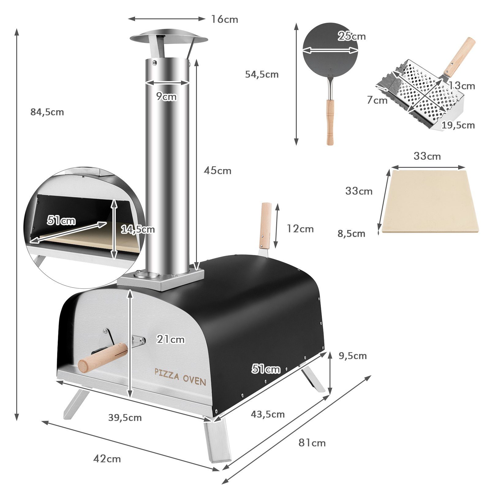 COSTWAY Pizzaofen, inkl. Pizzaschieber & Pizzastein, Gas & Holz, bis zu 450 °C