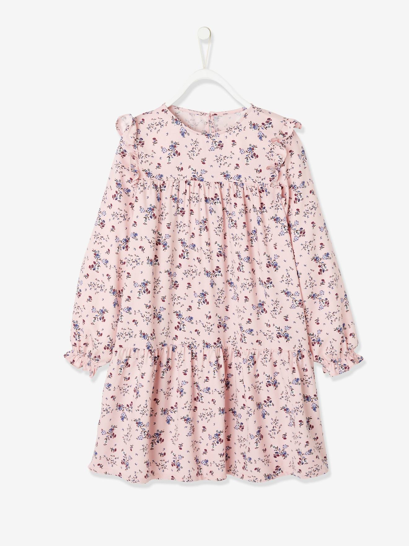 Robe imprimée fleurs manches volantées fille bleu nuit