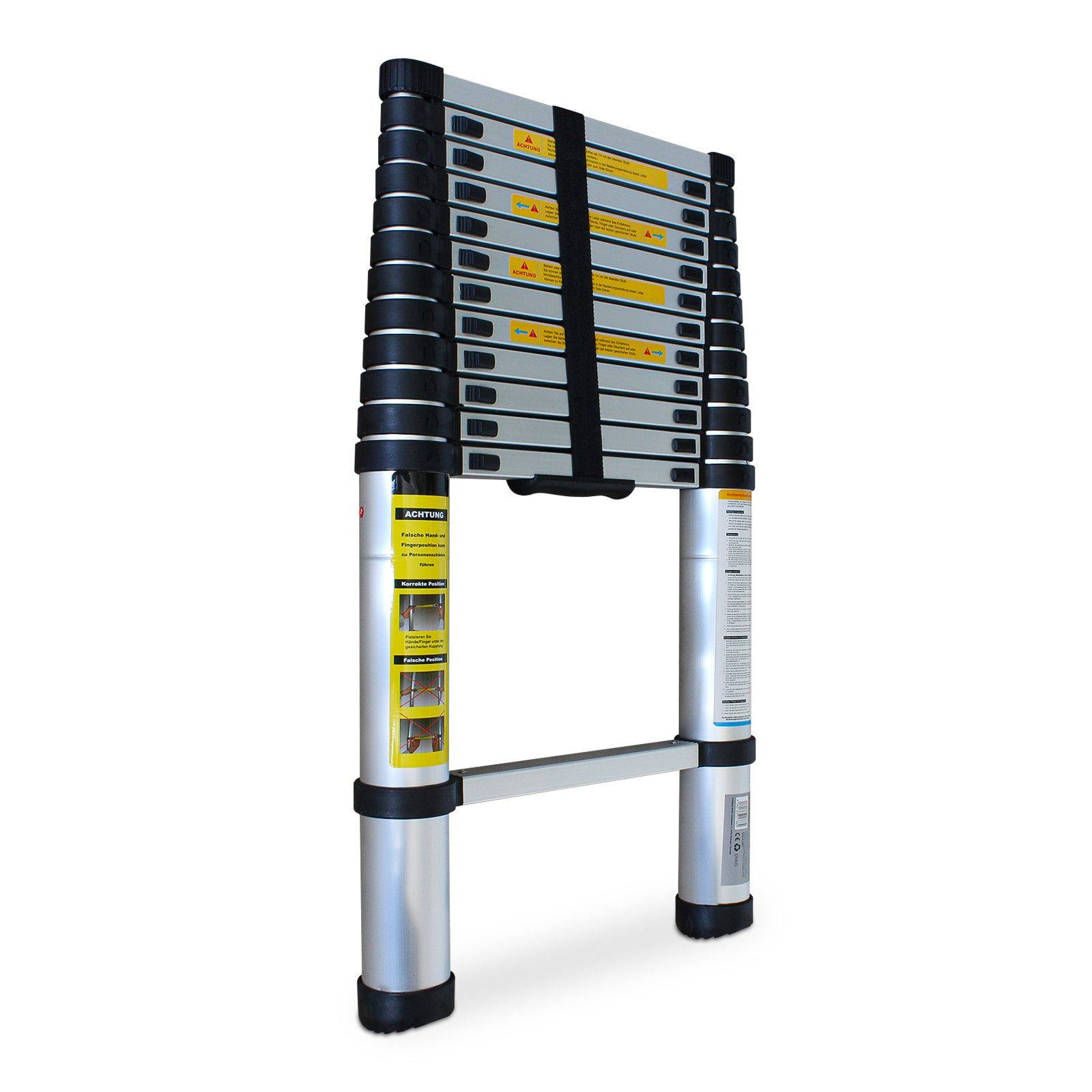 EAXUS Teleskopleiter Ausfahrbare Leiter Aluminium 3,8 Meter, rutschfeste Sprossen, zusammenklappbar auf 96 cm