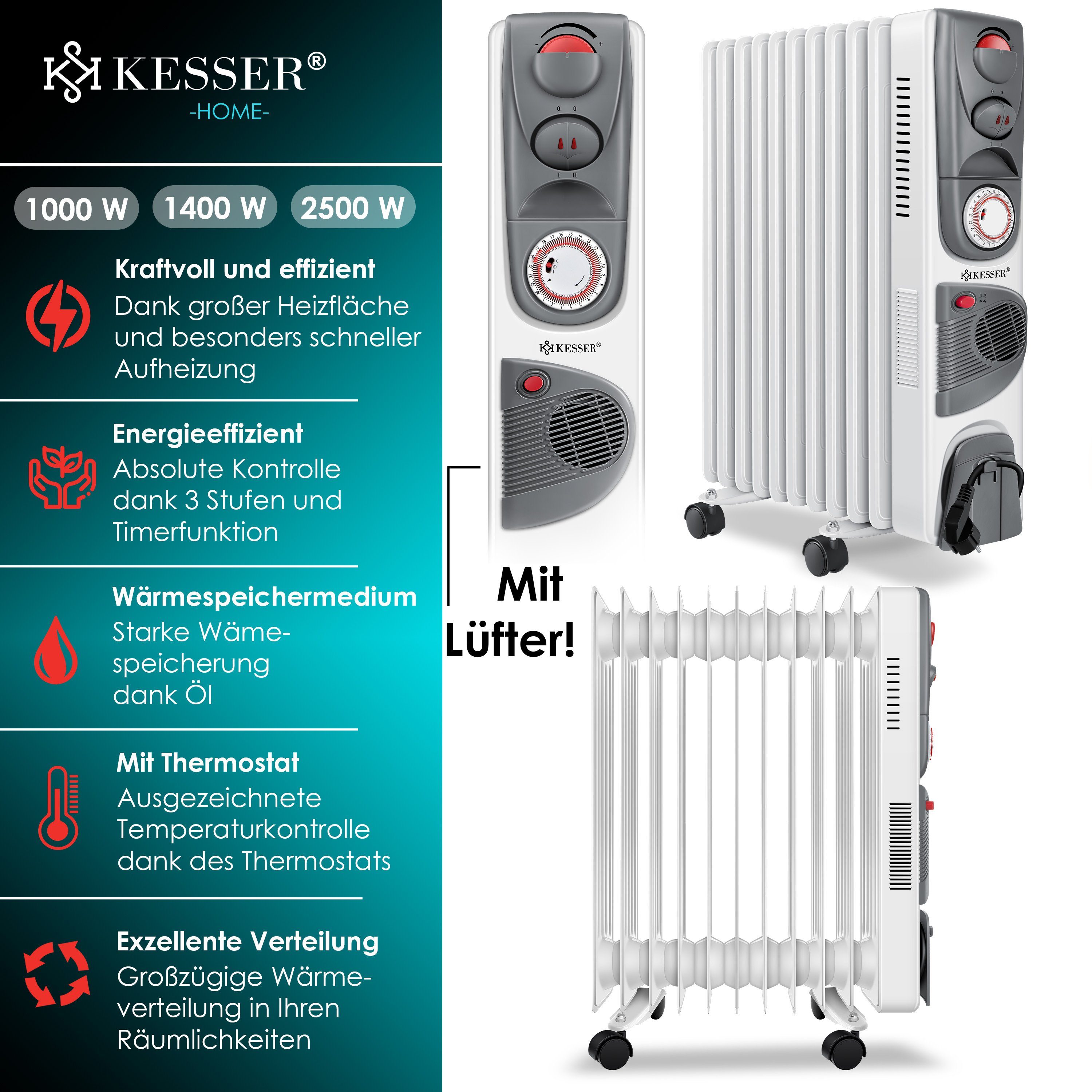 KESSER Ölradiator, 2500 W, Ölradiator Elektrische Heizung 2500W Öl Radiator Elektro