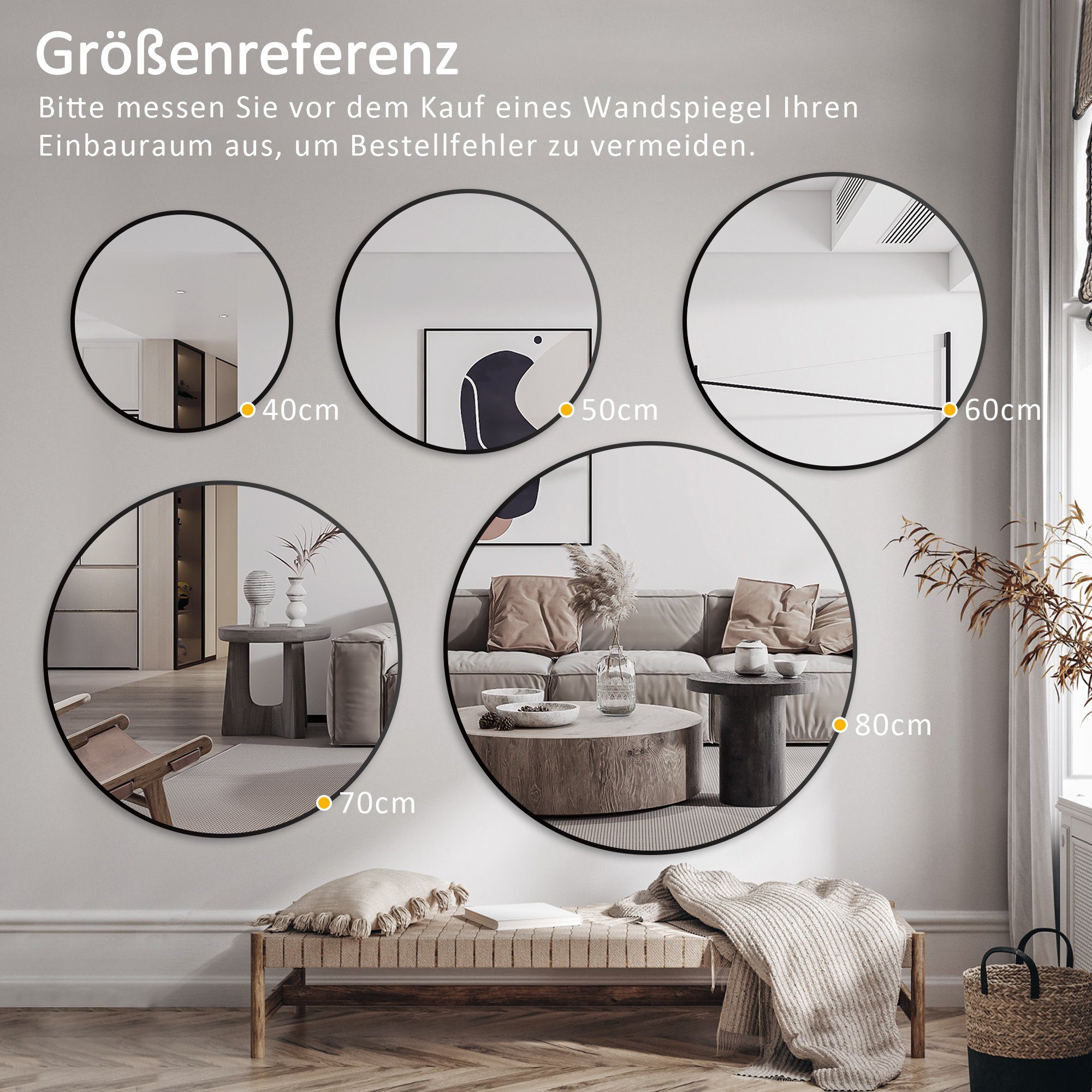 Boromal Rahmenspiegel-rund Wandspiegel Rund 80 cm druchmesser Groß Schwarz Metall Flurspiegel, für Badezimmer Waschtisch Wohnzimmer Schlafzimmer Esszimmer Eingänge