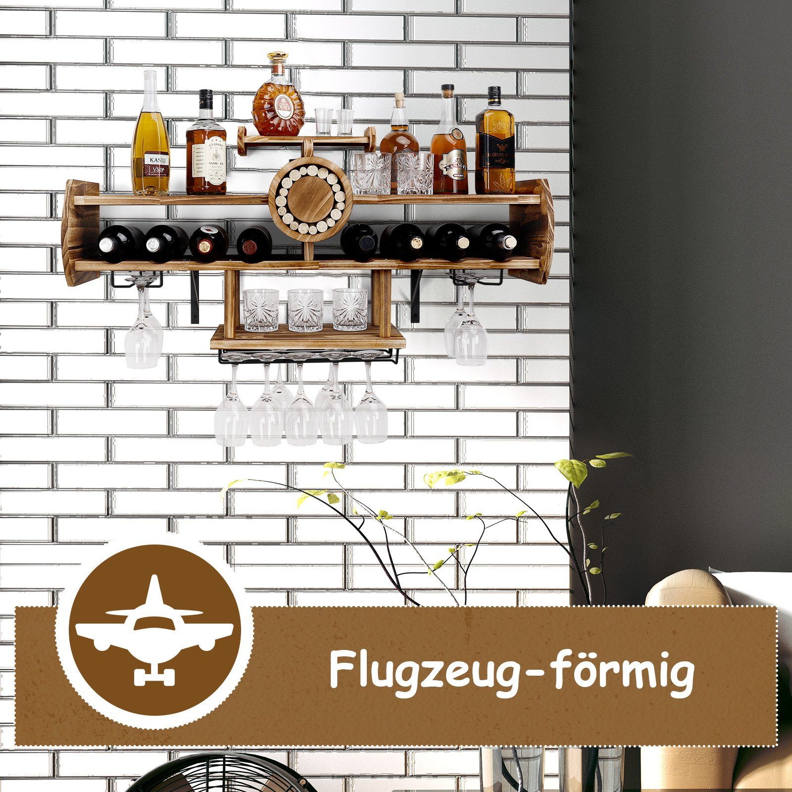 Yorbay Weinregal Weinregal aus Holz, Wandbar mit Korkhalter, Flugzeug-förmig, Holzregal für Weingläser, Whiskygläser, Wandmontage Wand Flaschenhalter Vintage Stil für Hausbar