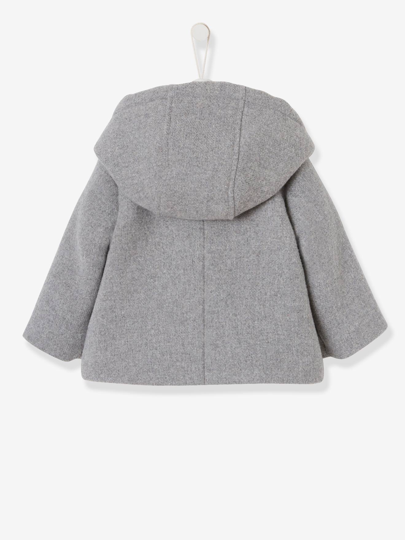 Manteau à capuche bébé fille lainage doublé et ouatiné gris clair chiné