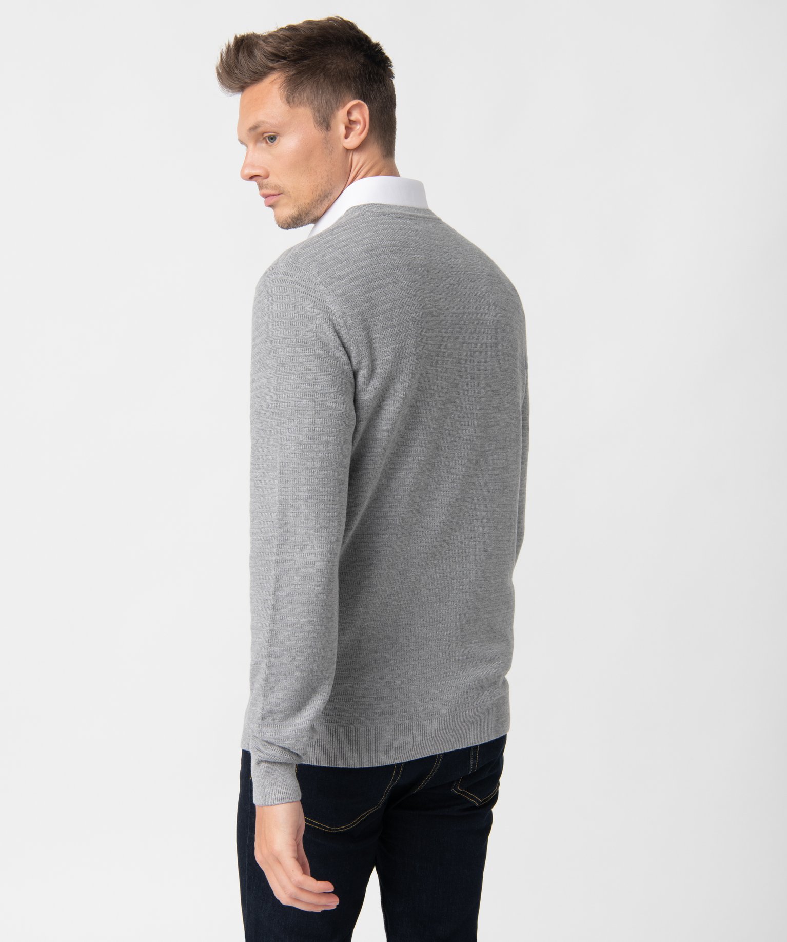 Pull homme à col V en maille fantaisie gris | GEMO