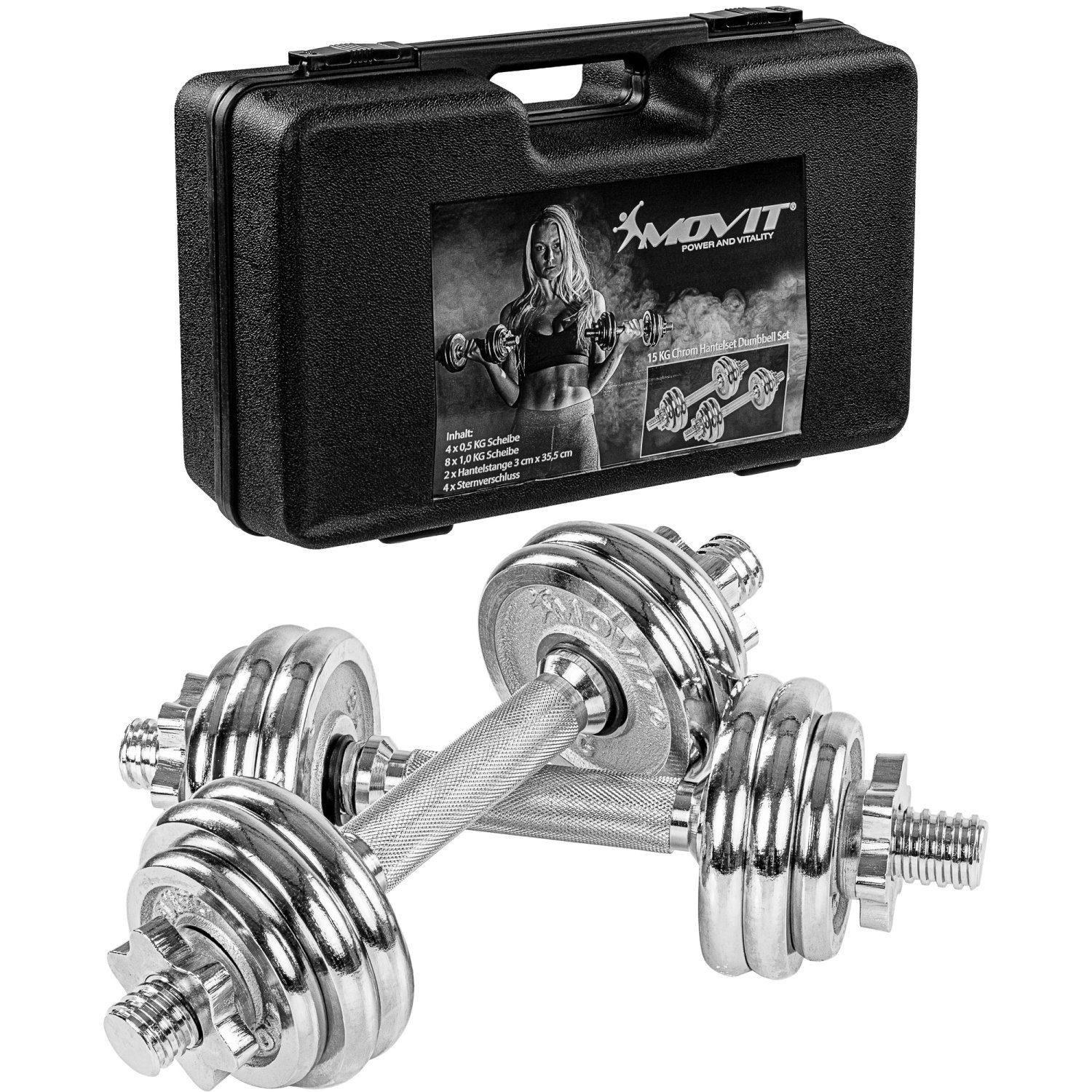 MOVIT Hantel-Set 15kg Kurzhanteln PRO 2er Set im Koffer, (Set, mit Koffer), Stange 30mm Standardnorm, Griff gerändelt, mit Sternverschlüsse