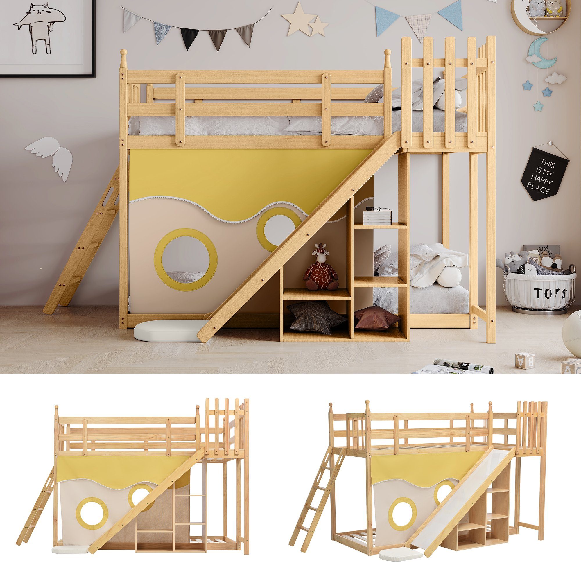 WISHDOR Holzbett Kinderbett, Etagenbett, Bett, Gästebetten, Hausbett 90x200cm (mit Fallschutz und Gitter, Rahmen aus Kiefer, mit Treppe und Zäune, mit Bettvorhang, Rutsche und Regal), Ohne Matratze
