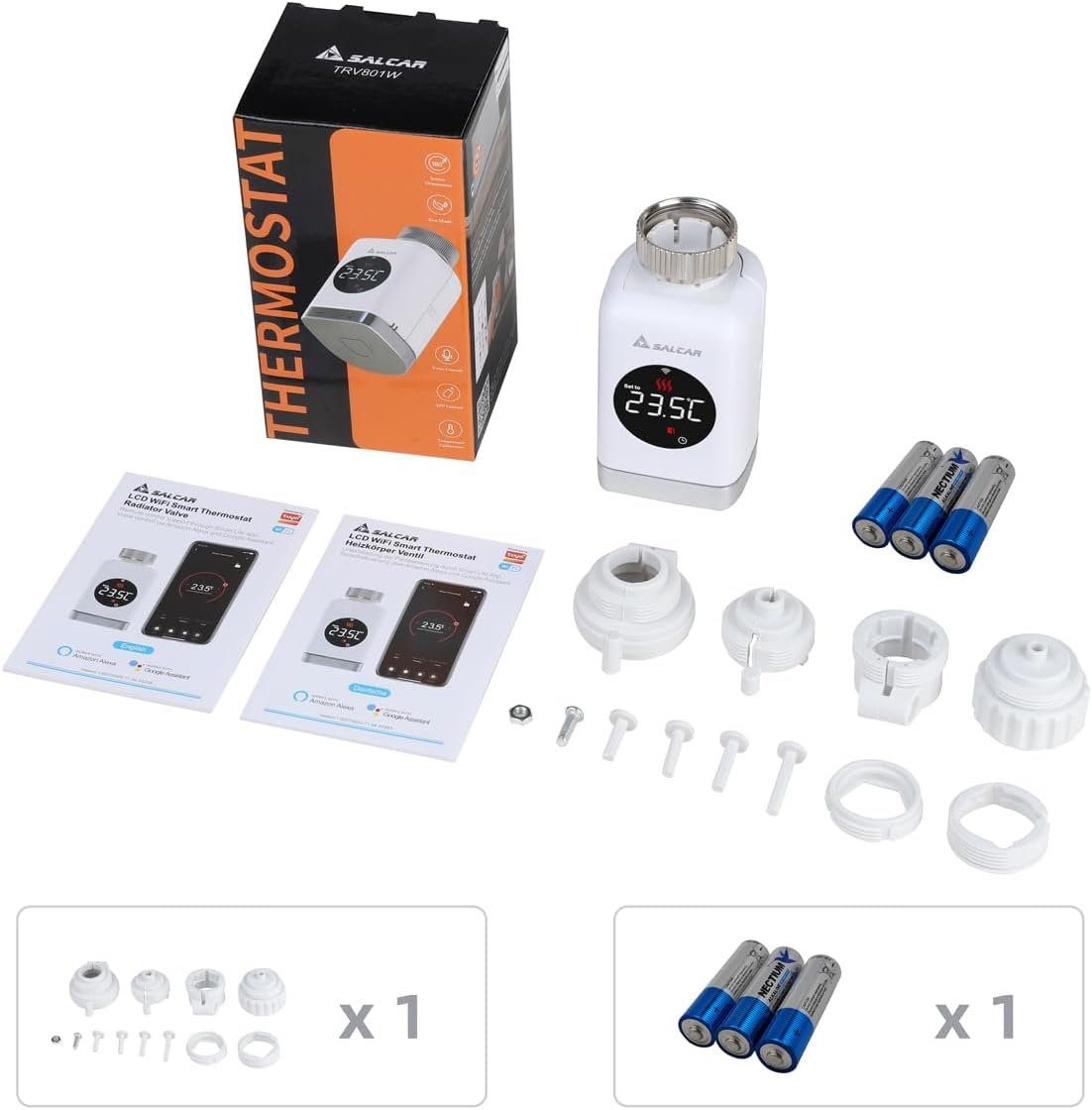 Salcar Heizkörperthermostat Heizkörperthermostat TRV801W Thermostat Heizung Smart LCD WiFi, Thermostat kompatibel mit Amazon Alexa & Google Assistant