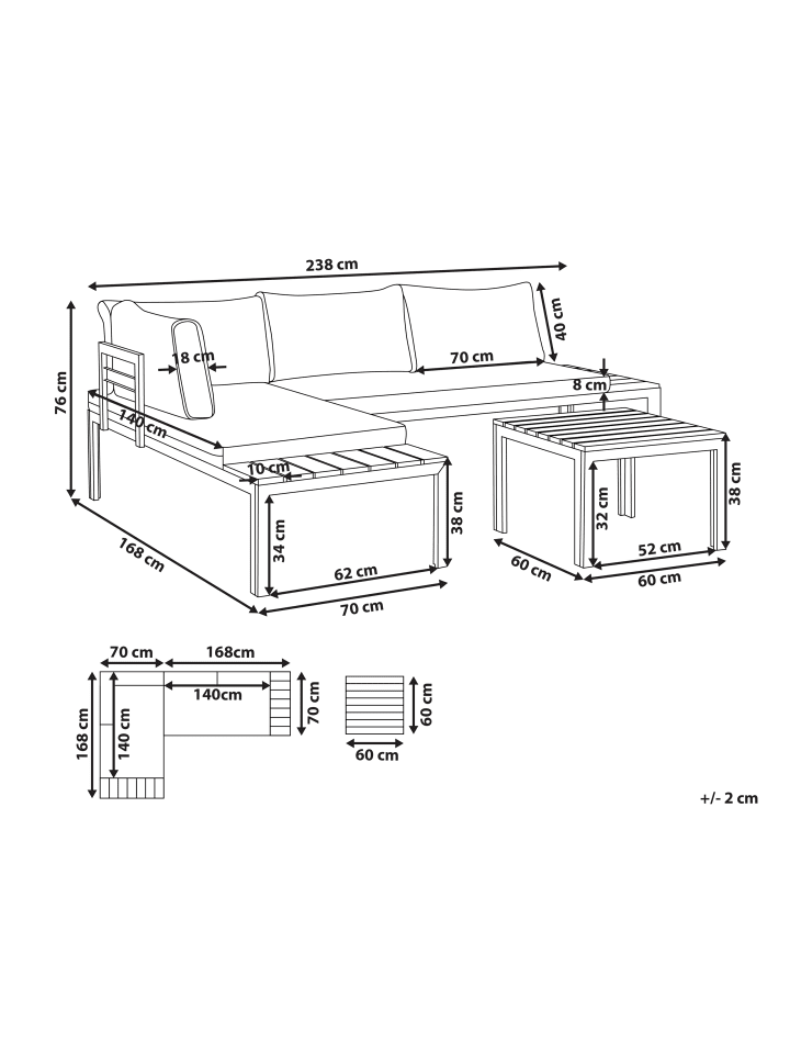 Beliani 3-tlg Lounge Set PIENZA in Grau/Schwarz/Heller Holzfarbton günstig kaufen onesize