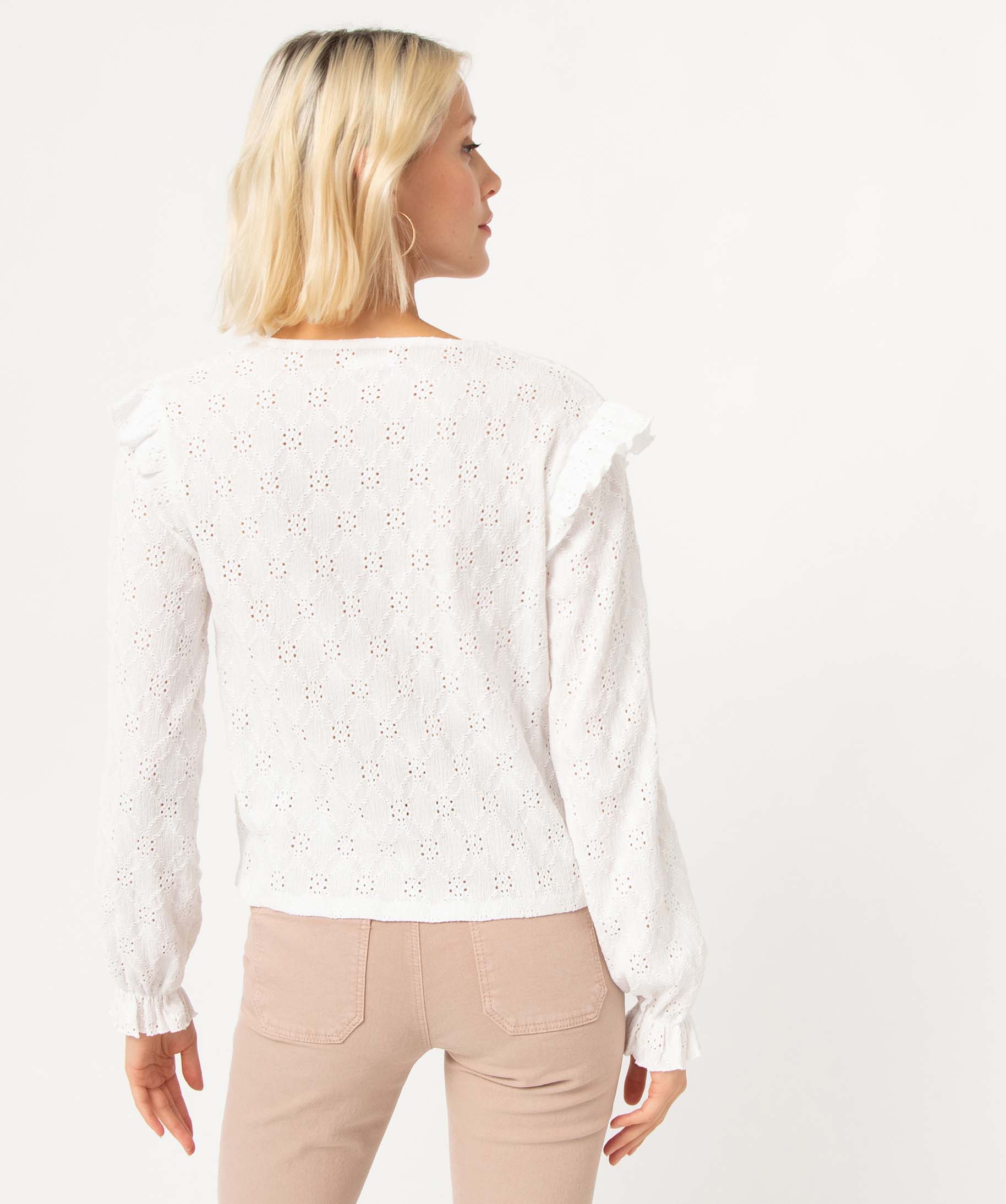 Tee-shirt femme à manches longues en maille ajourée ecru | GEMO
