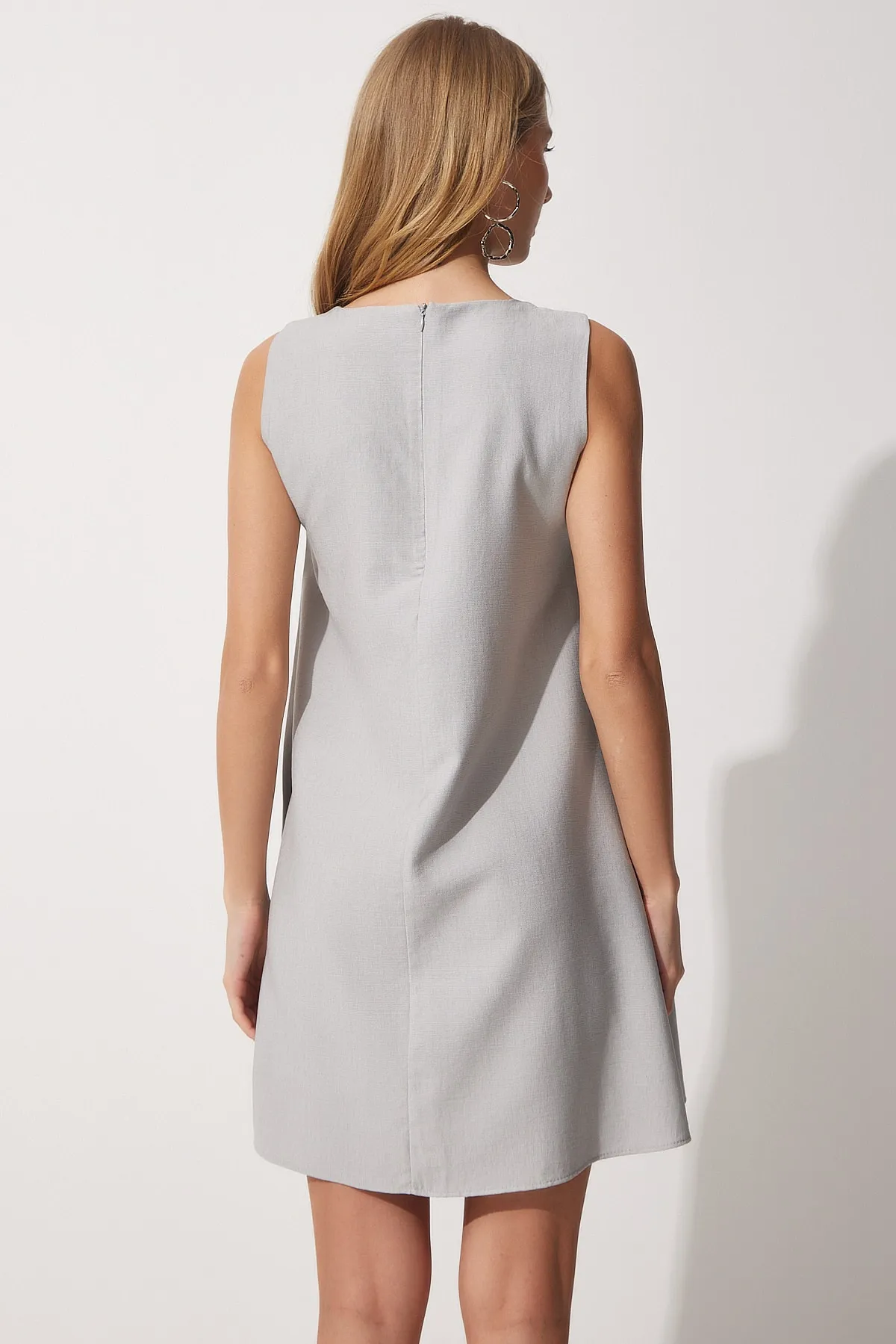 Happiness İstanbul  Steingraues, gewebtes A-Linien-Sommerkleid für Damen BF00067