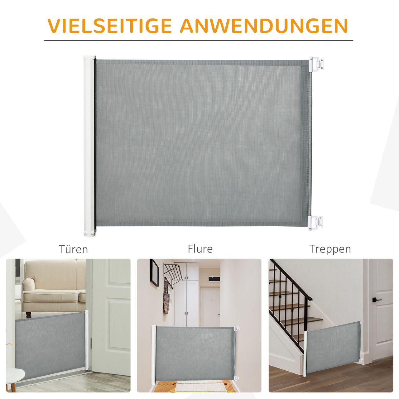 PawHut Hunde Türschutzgitter Treppenschutzgitter Treppenschutz Sicherheitstrennwand Trennwand Türschutz Treppenschutzgitter ausziehbar treppenschutzrollo Rollo Einrollbar PVC Grau 115L x 82,5H cm