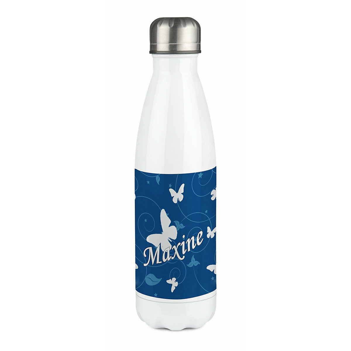 Edelstahl Kinder Thermoflasche / Trinkflasche bunt Schmetterling Ornamente Farbe blau Spülmaschinenfest, Auslaufsicher, Bruchfest, Doppelwandig, Für Heißgetränke geeignet, Mit Deckel, Isoliert