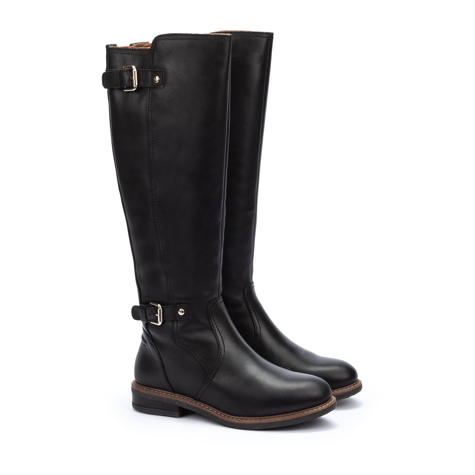 Skórzane buty z wysoką cholewką i podwójną klamrą - CZARNE