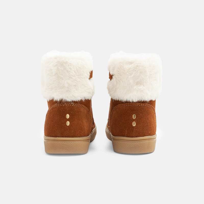 Boots croûte de cuir pailletté à revers fourré beige bébé fille