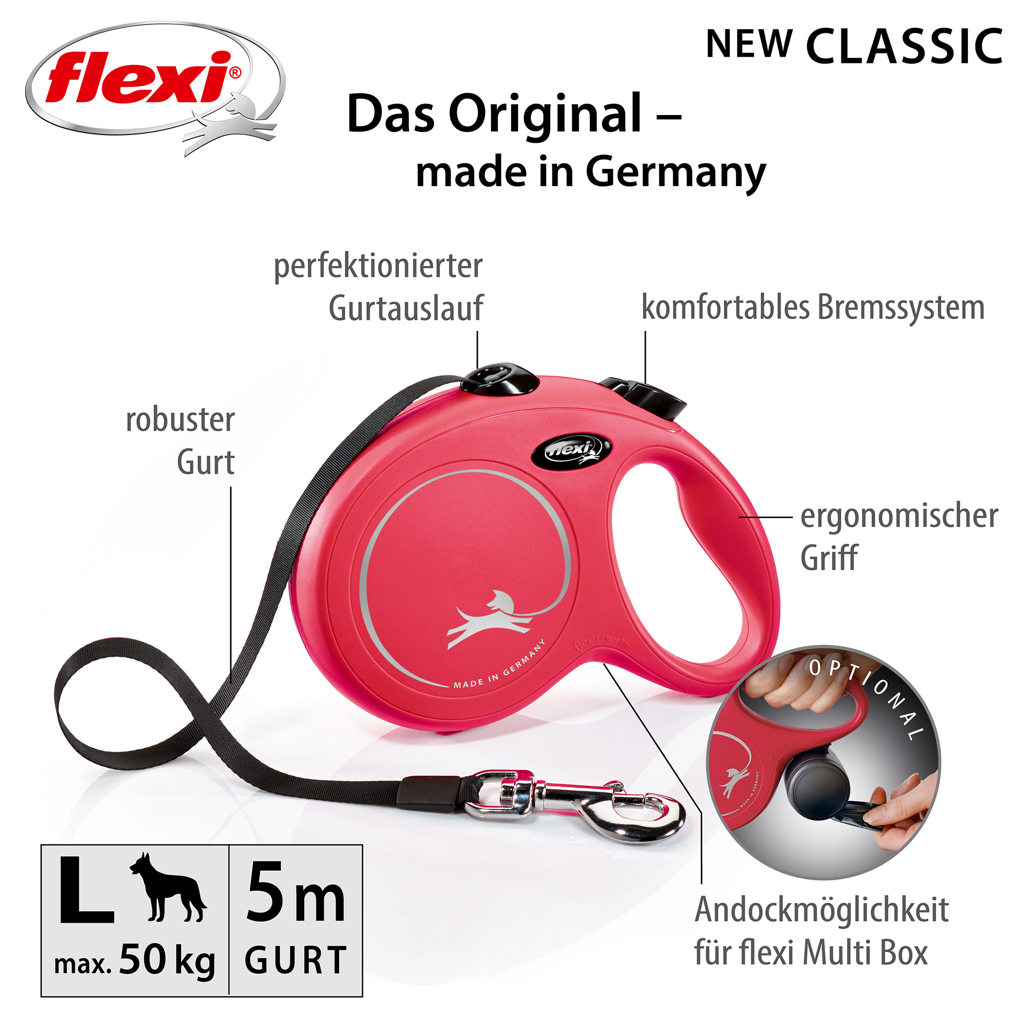 Flexi Hundeleinen Flexi New Classic Gurt rot L, 5 m, 50 kg