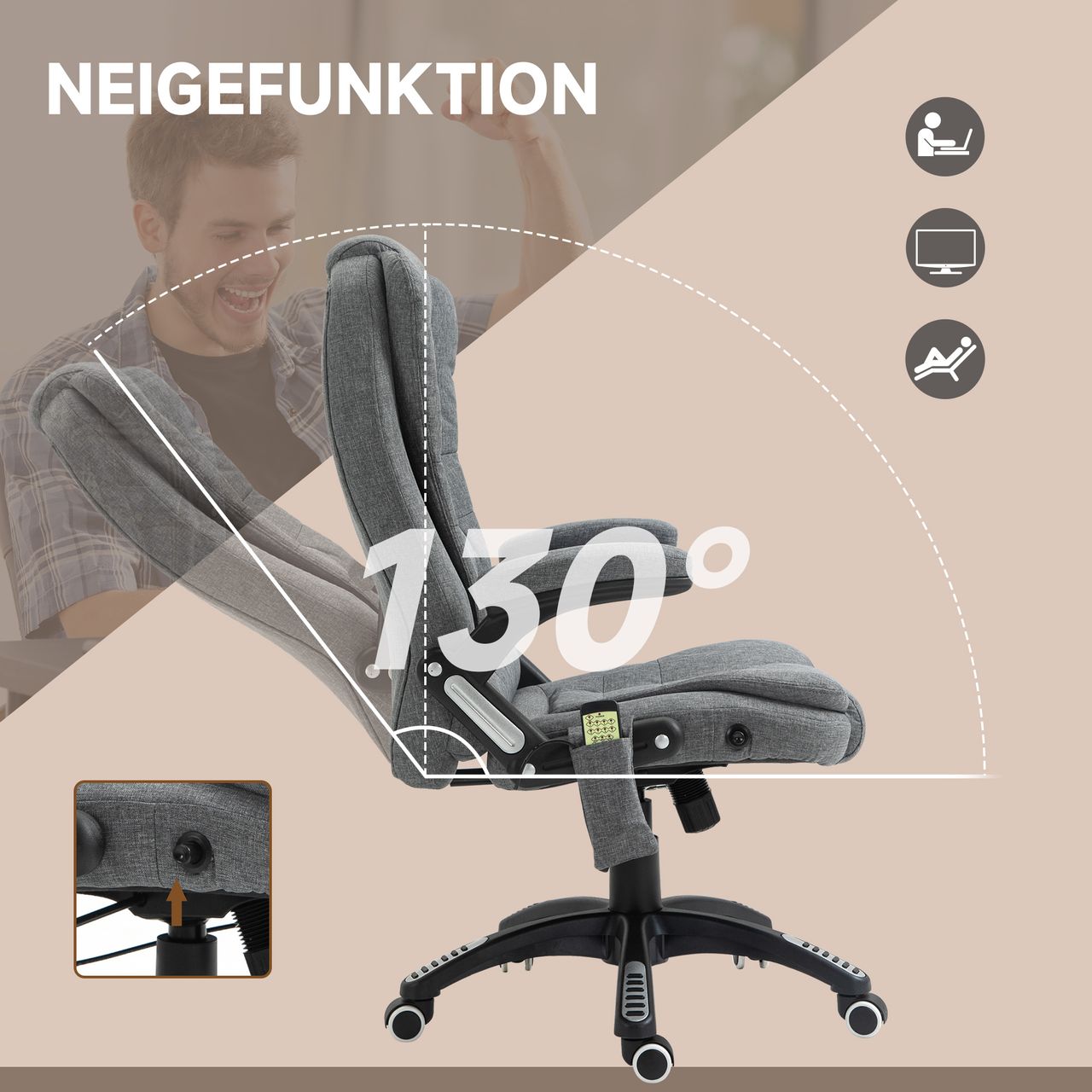 Vinsetto Massagesessel Chefsessel mit Massagefunktion höhenverstellbarer Drehstuhl ergonomischer Gamingstuhl Bürostuhl massage Dunkelgrau 68 x 72 x 110–120 cm