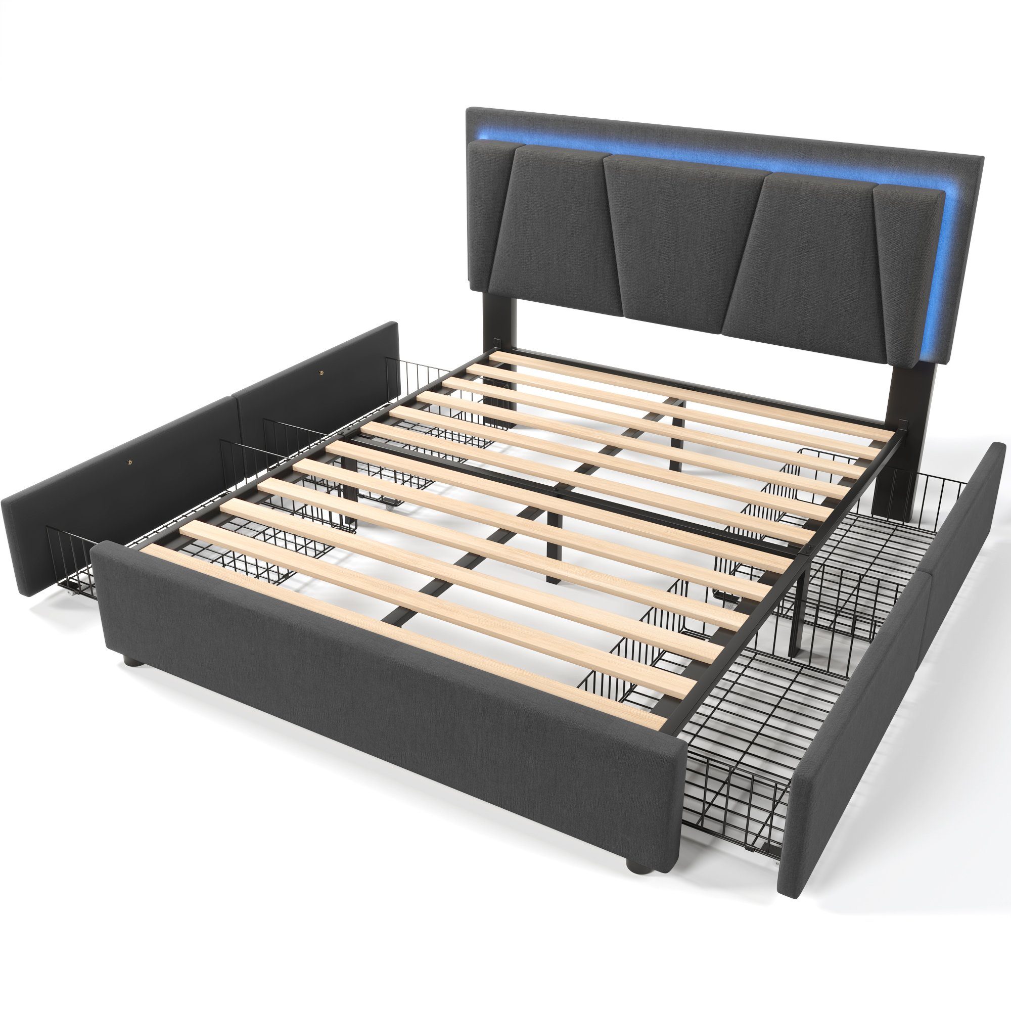 HAUSS SPLOE Polsterbett Polsterbett Doppelbett Funktionsbett Bettrahmen mit Schubladen, Doppelbett 140x200cm Lattenrost aus Holz, Grau(Ohne Matratze)