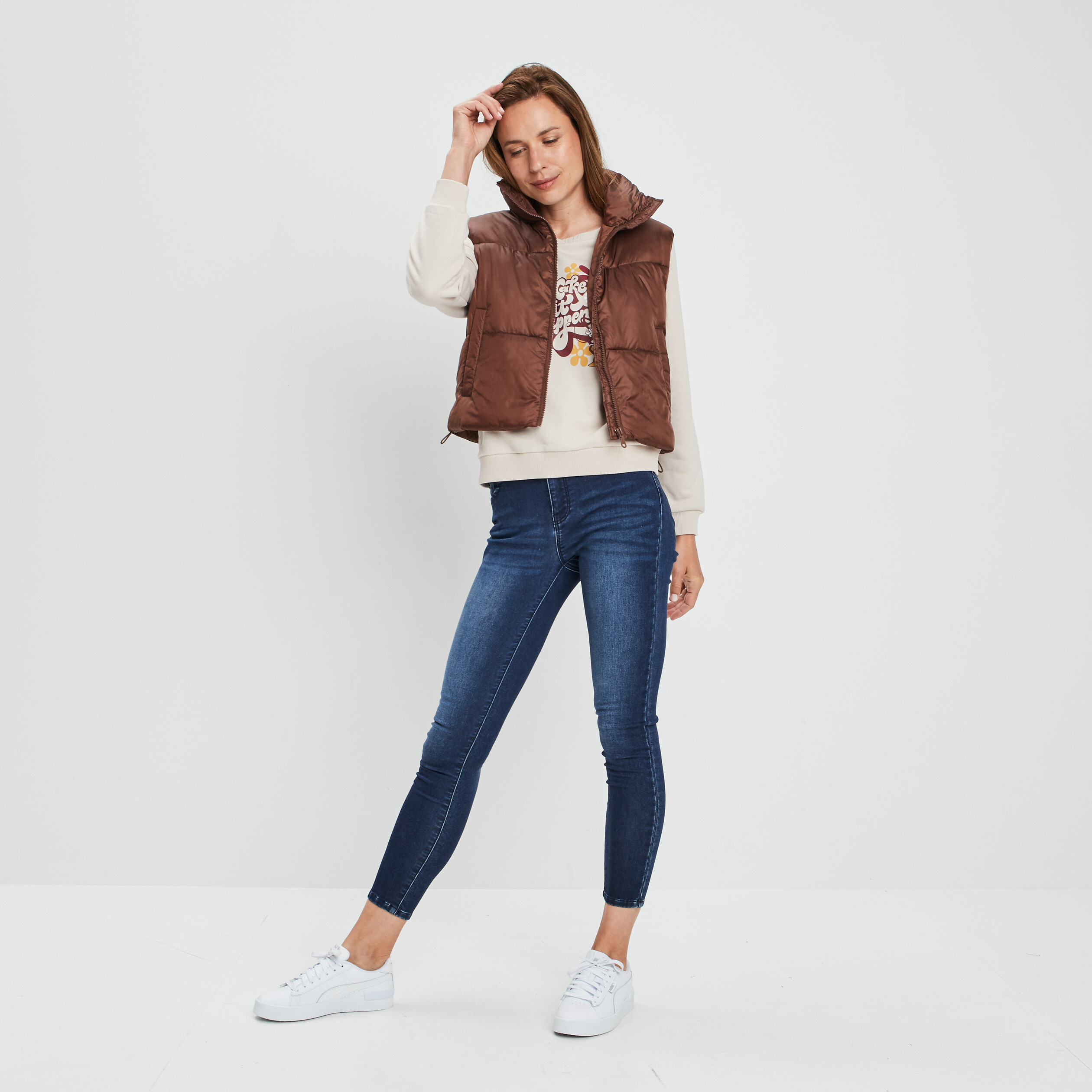 Doudoune droite courte sans manches marron femme | La Halle
