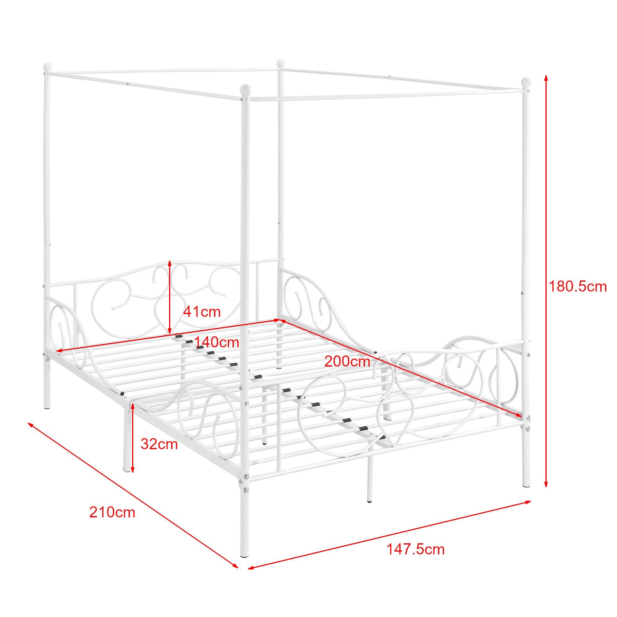 en.casa Himmelbett, Finström Doppelbett aus Stahl 140x200 cm mit Matratze Weiß