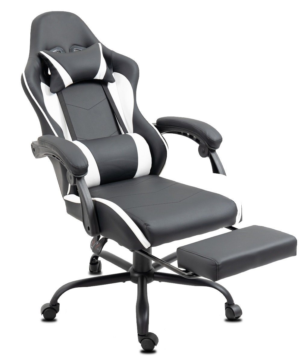 Delman Gaming-Stuhl Bürostuhl Chefsessel Massagefunktion Drehstuhl, dicke Polsterung, Metallfußkreuz, Fußstütze RS42