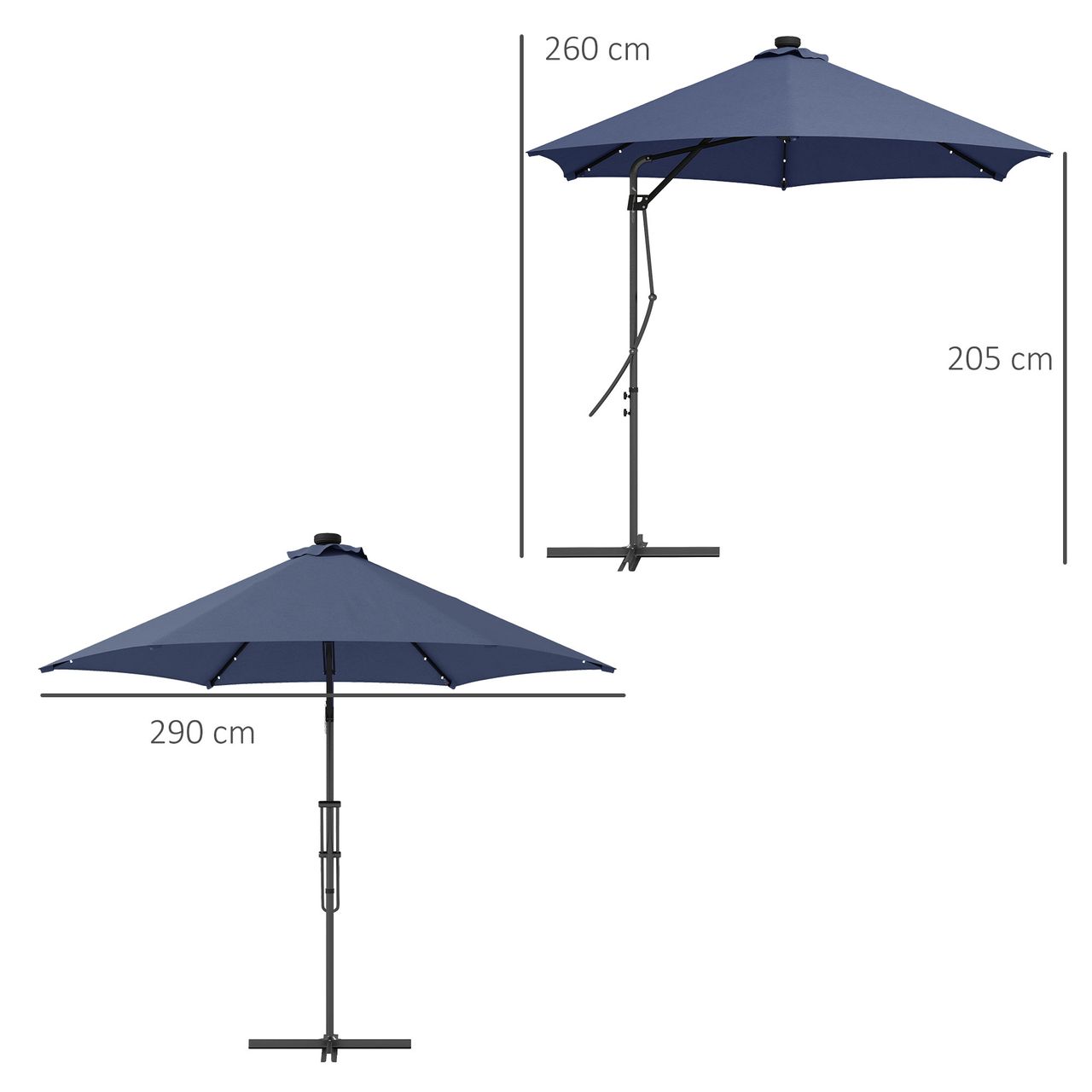 Outsunny Sonnenschirm Ø290cm LED Ampelschirm mit UV-Schutz, Kreuzfuß Dunkelblau