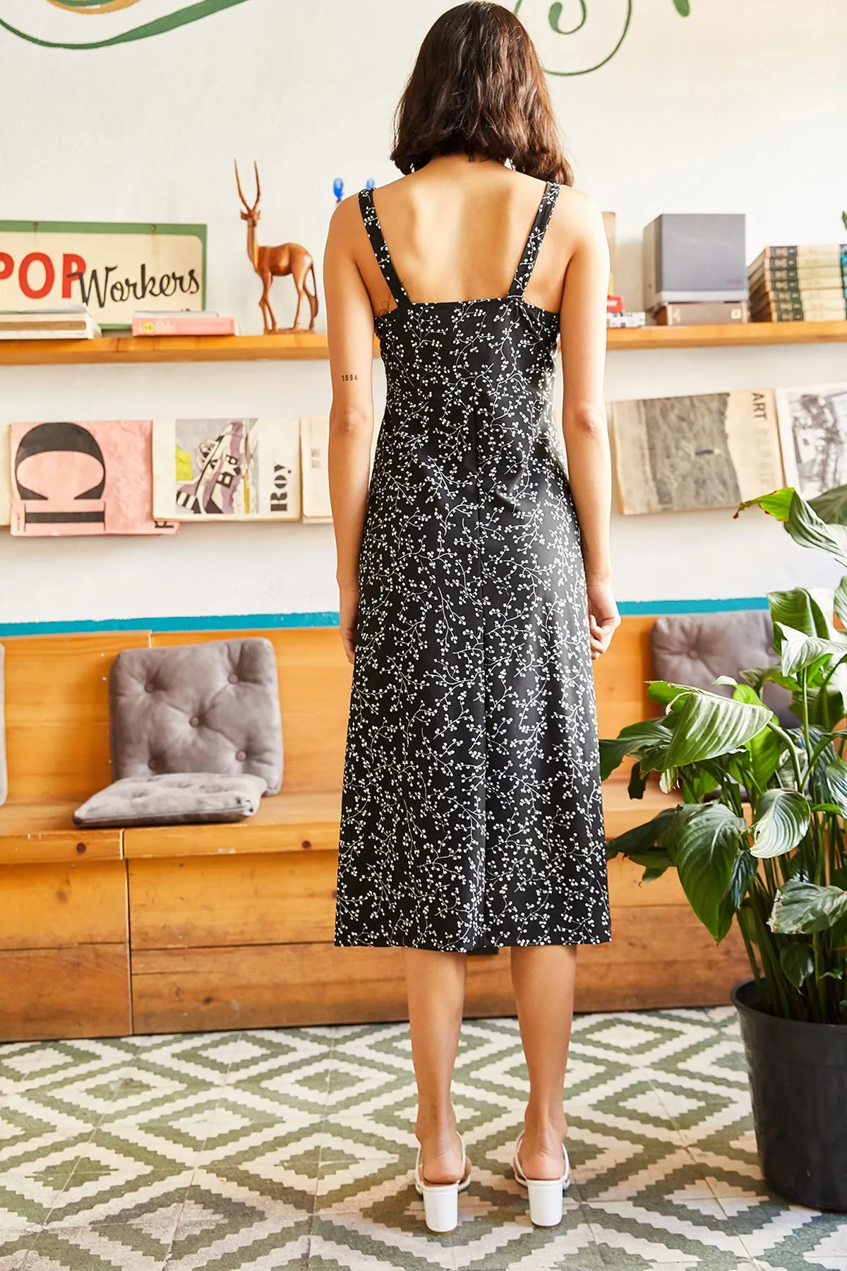 Olalook  Schwarzes gemustertes Damenkleid mit Reißverschluss ELB-19000615
