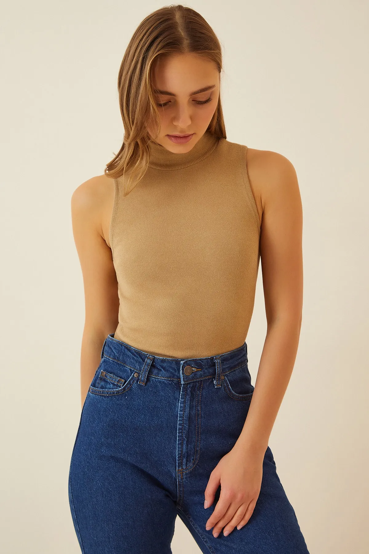 Happiness İstanbul  Damen-Strickbluse mit Rollkragen, weiß, ärmellos, 2 Stück, GT00012