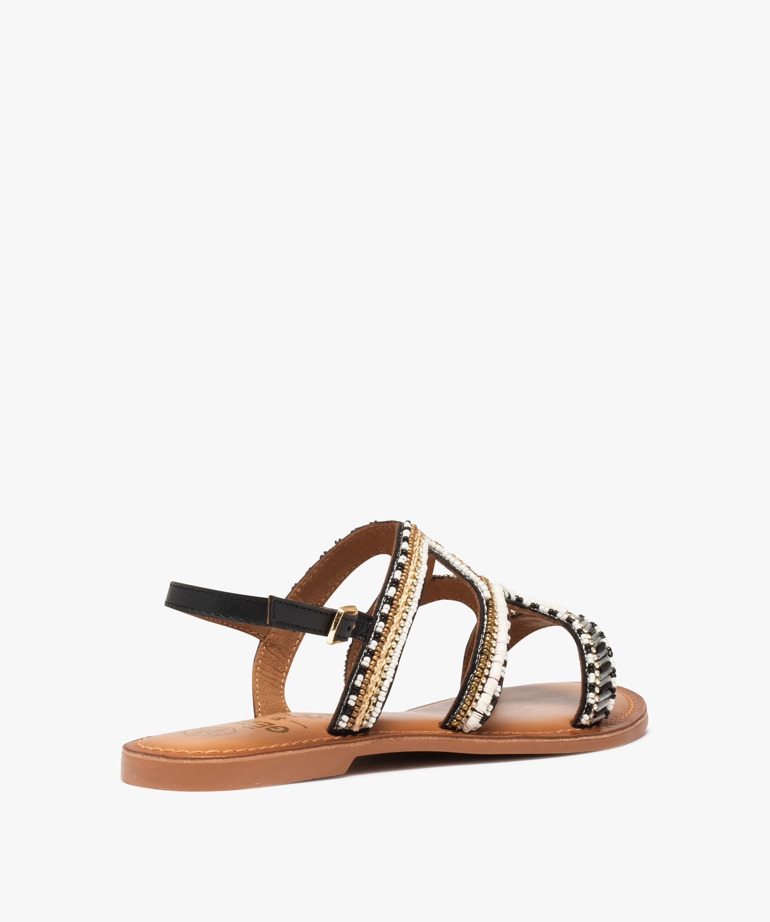 Sandales femme à talon plat ornées de perles et de strass noir | GEMO