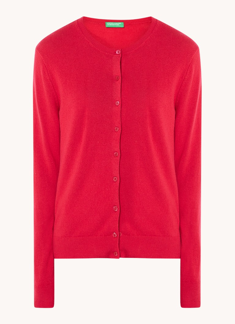 Cardigan Benetton cu guler rotund, confecționat din lână fină.