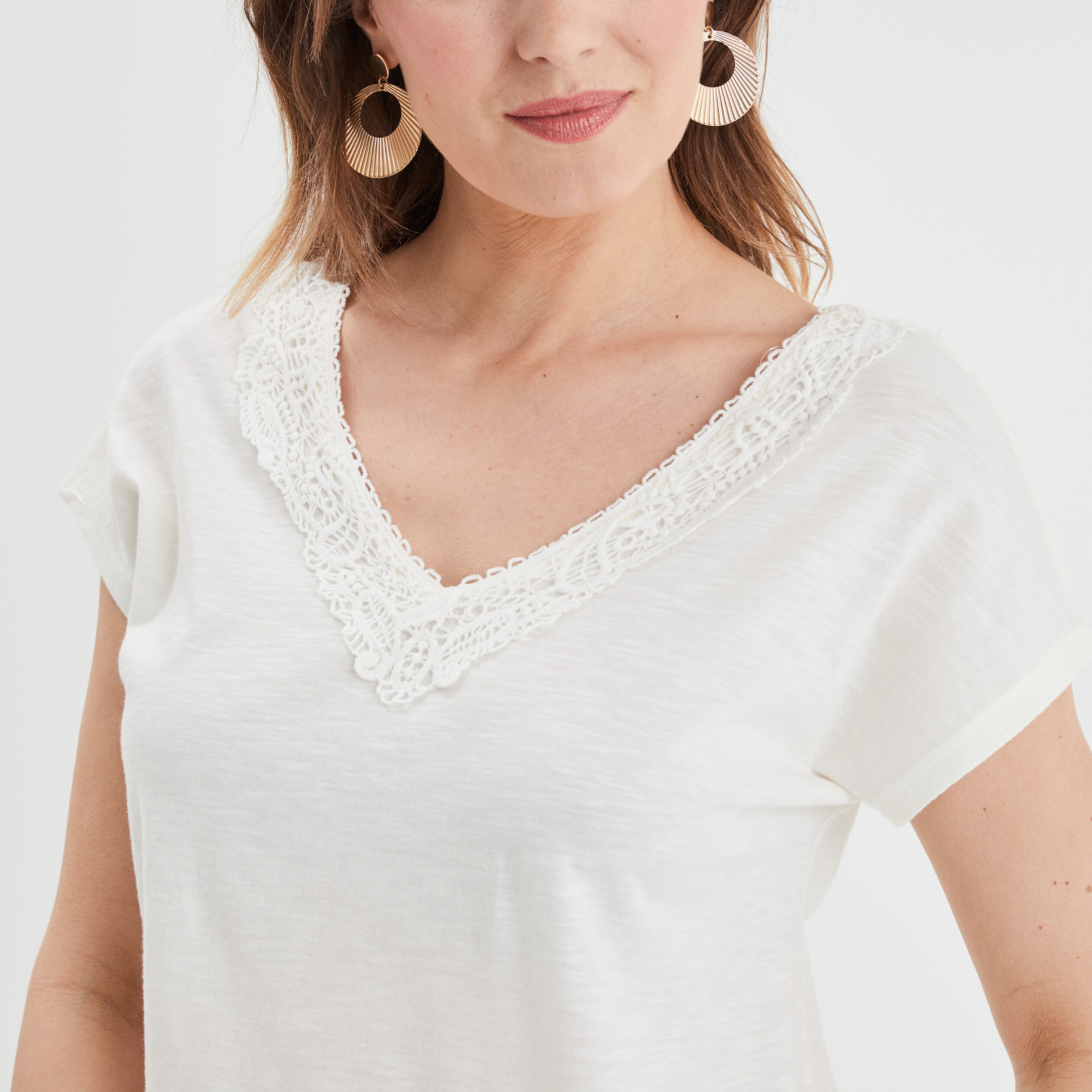 T-shirt col V macramé manches courtes blanc femme | La Halle