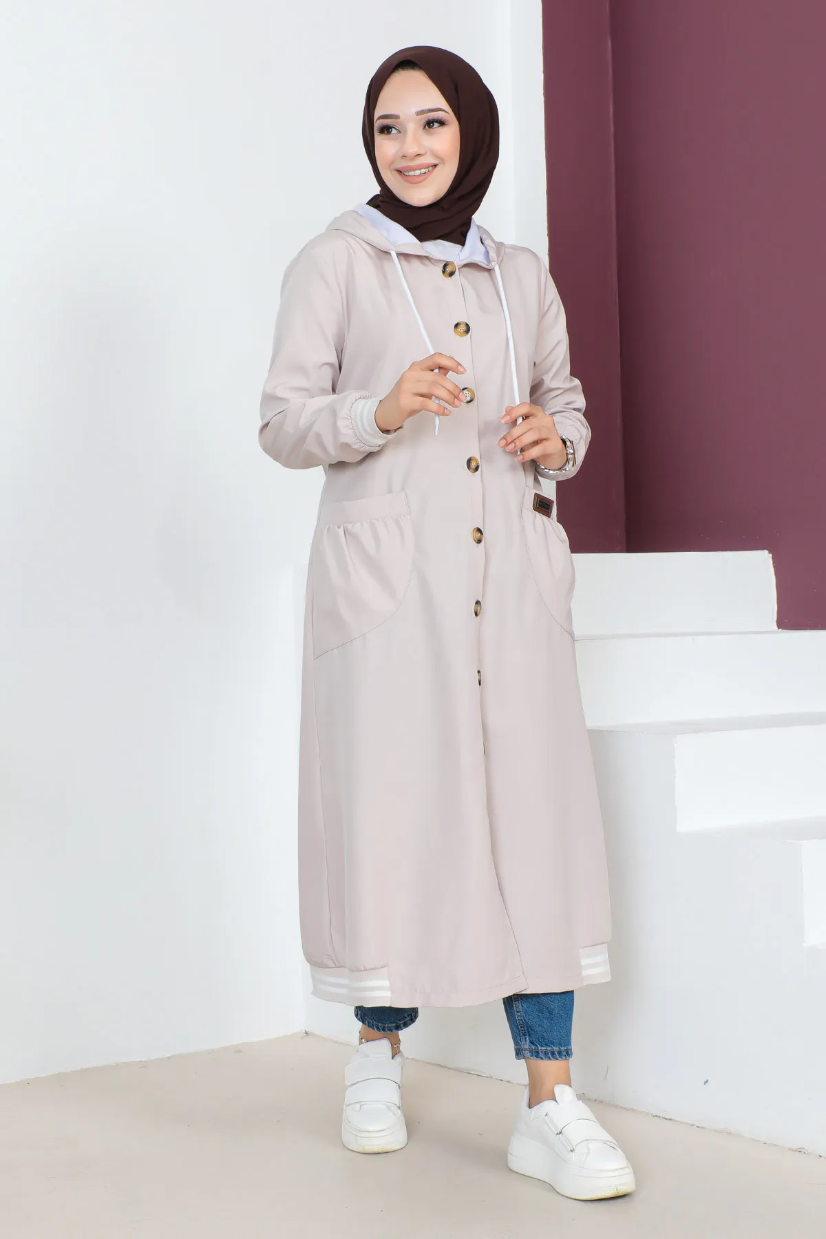 Tesettür Dünyası  Gerippter Trenchcoat TSD230638 Beige