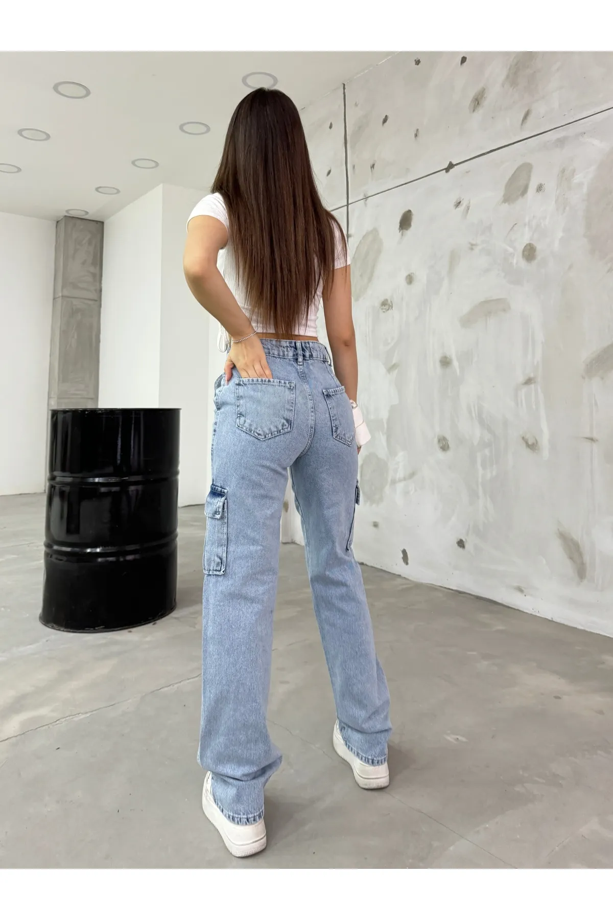 BİKELİFE  Hellblaue Cargohose mit hoher Taille und weitem Bein für Damen