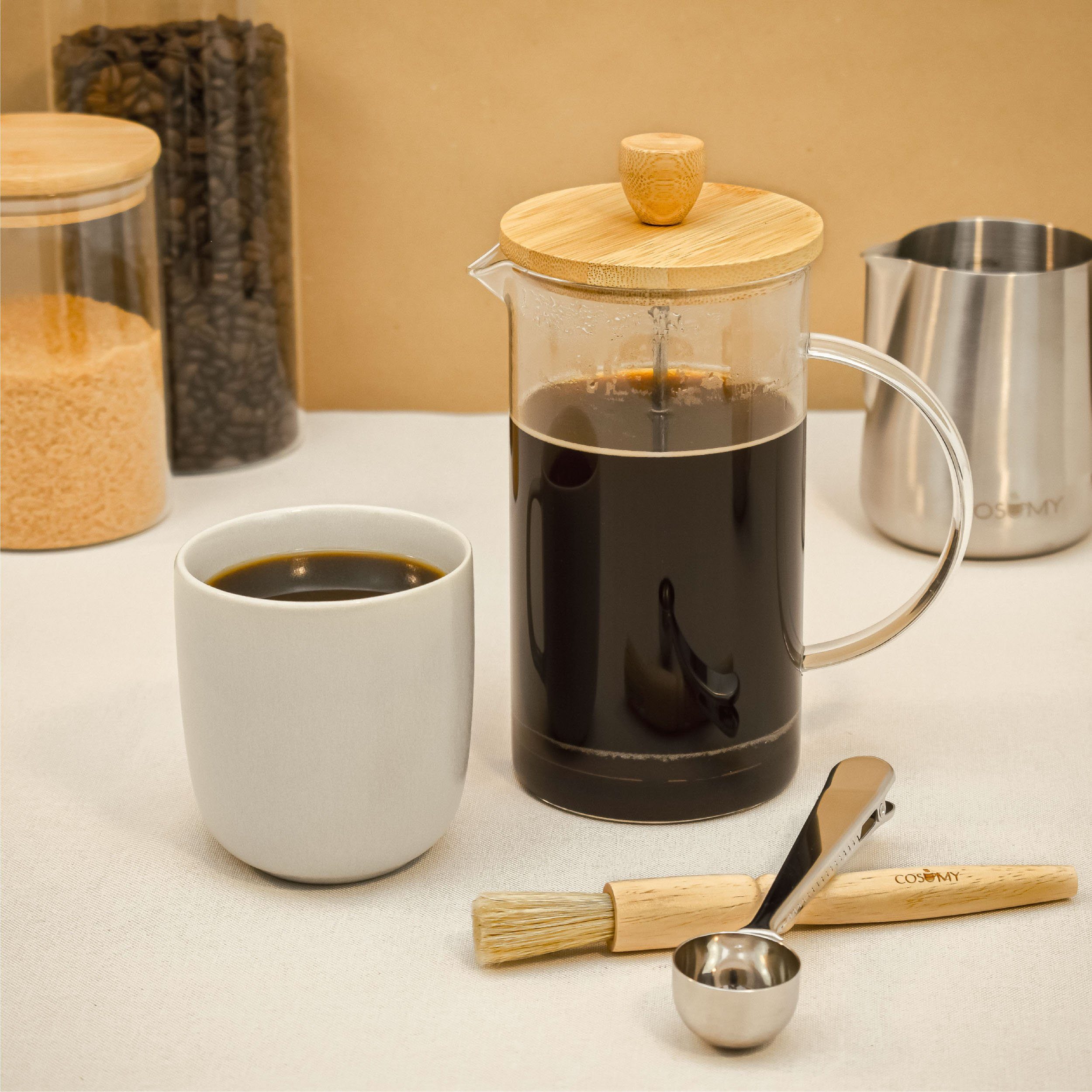 Cosumy French Press Kanne French Press aus Glas 1L, 1l Kaffeekanne, Kaffeebereiter für 2 Tassen Kaffee - Mit Dosierlöffel und Reinigungspinsel