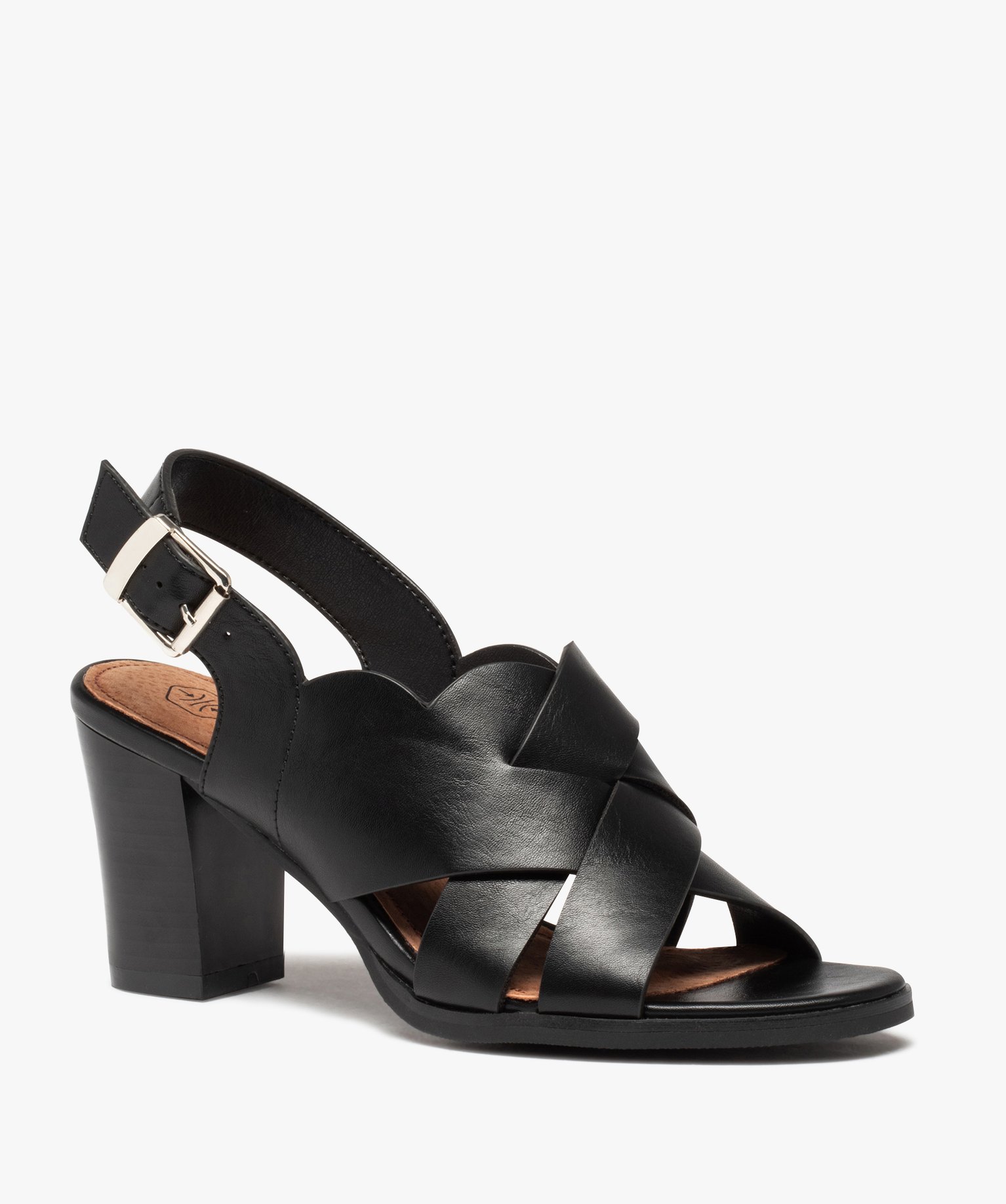 Sandales femme à talon dessus larges brides croisées noir | GEMO
