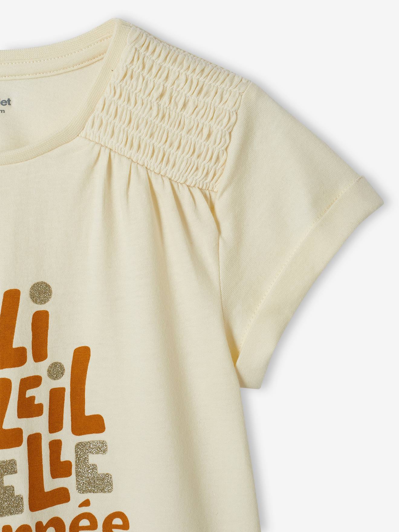 Tee-shirt à message irisé fille épaules smockées écru