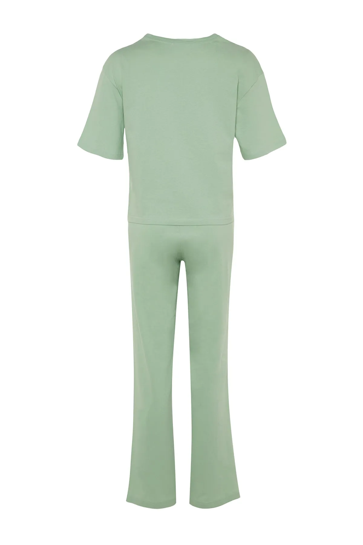 Trendyol Collection  Hellgrünes, gestricktes Pyjama-Set mit T-Shirt und Hose aus 100 % Baumwolle mit Tiermuster THMSS23PT00134